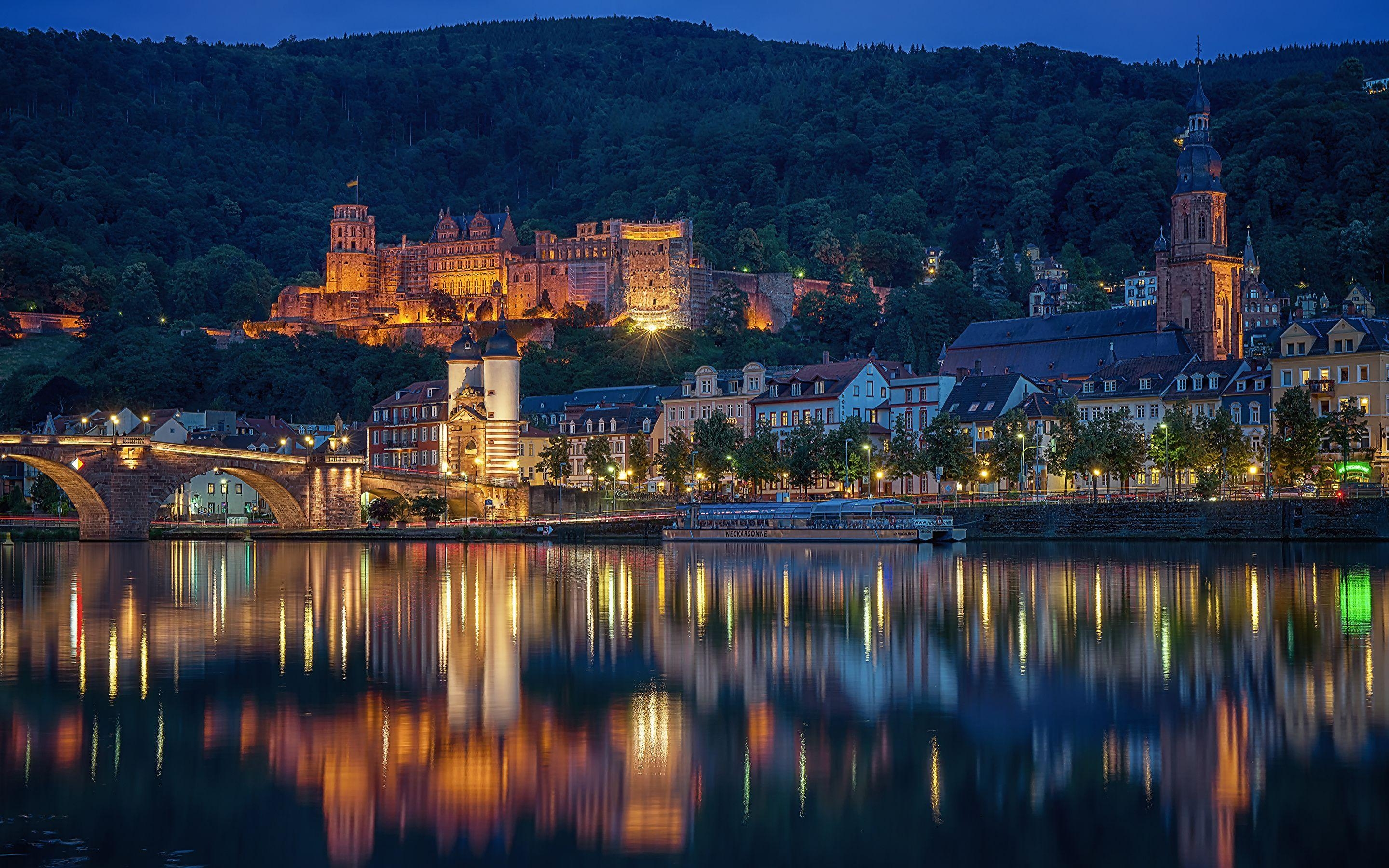 2880x1800 Wallpaper Germany Heidelberg Bridges Pier Night Rivers, Desktop