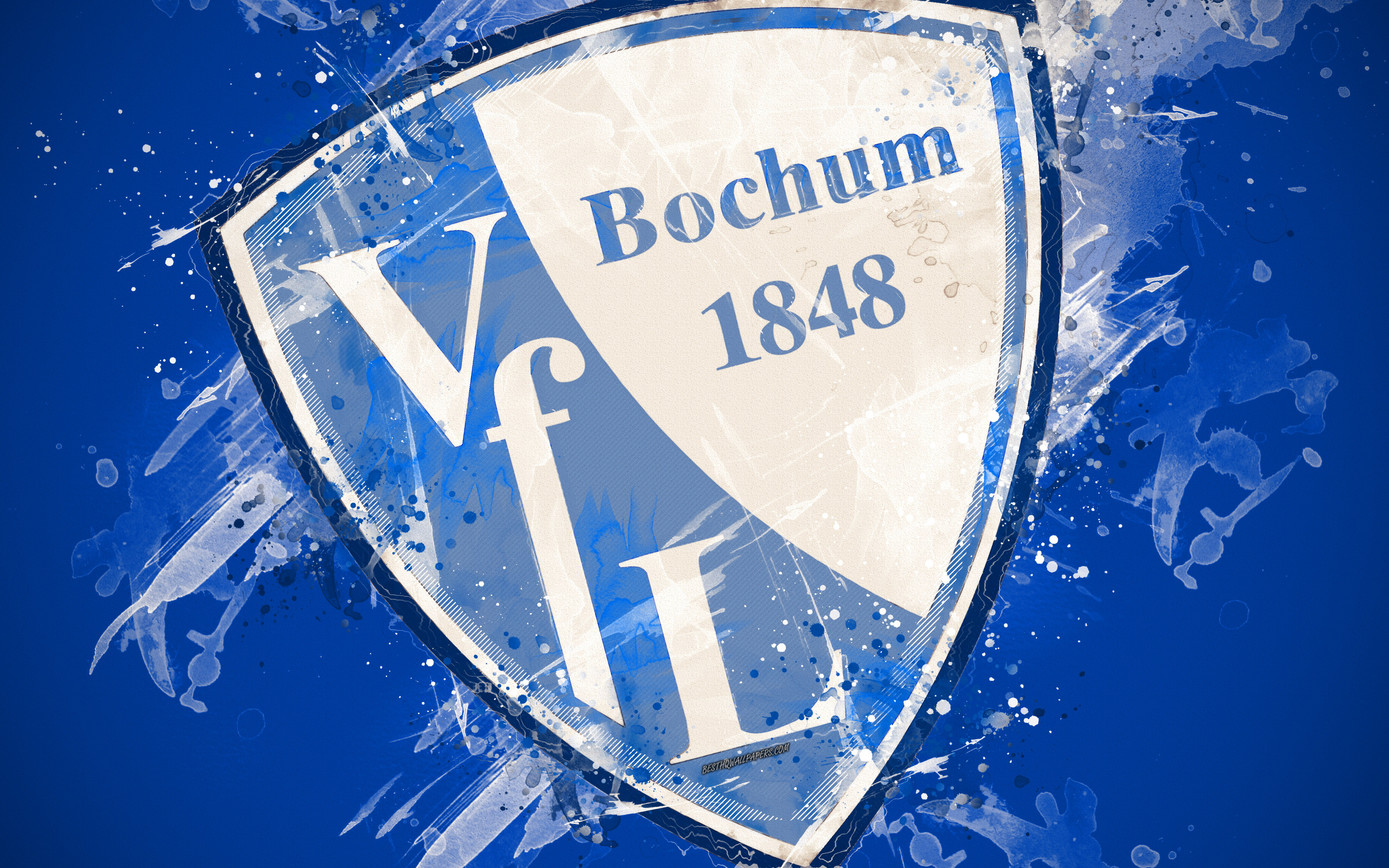 3840x2400 Download wallpaper VfL Bochum, 4k, paint art, logo, creative, German football team, Bundesliga emblem, blue background, grunge style, Bochum, Germany, football for desktop with resolution. High Quality HD picture wallpaper, Desktop