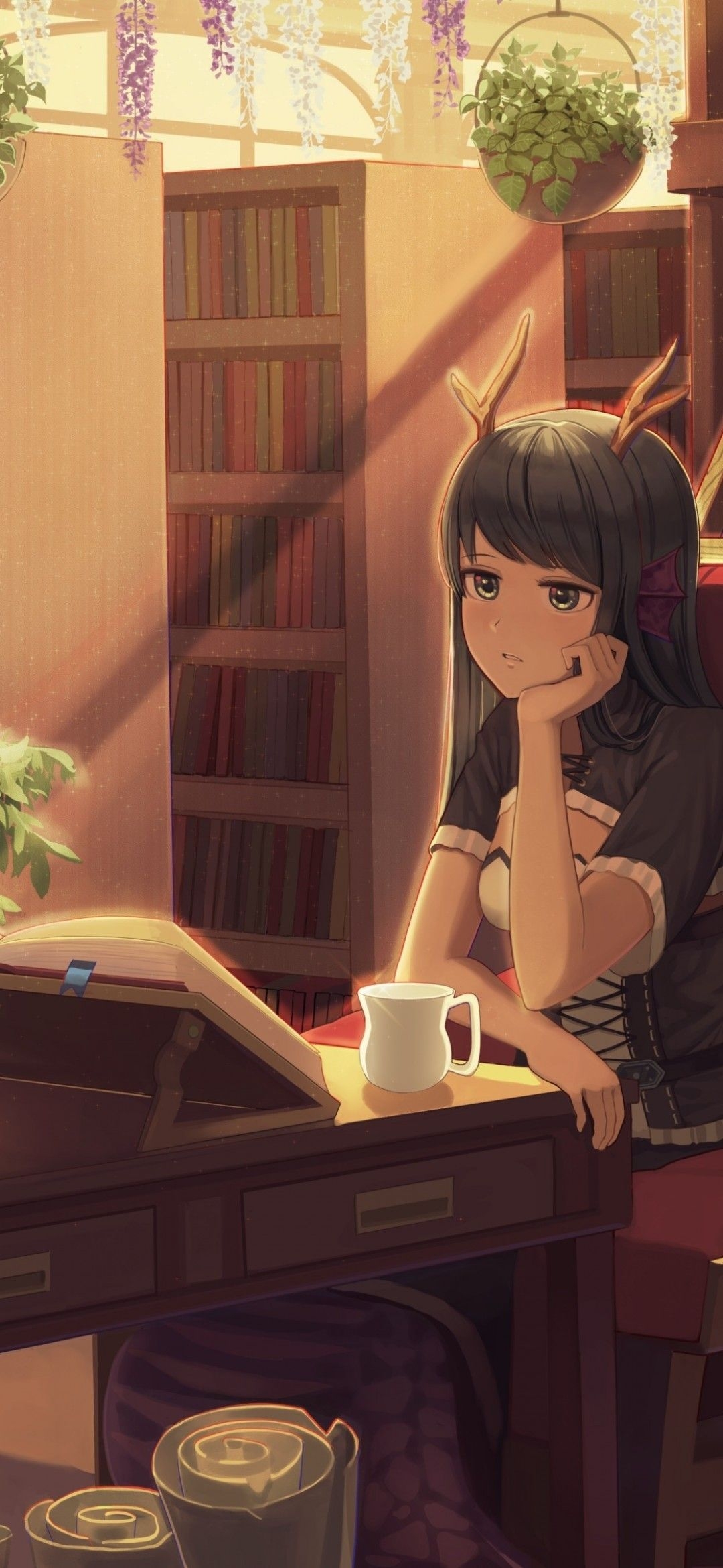 1080x2340 Download  Anime Girl, Horns, Neko, Room, Books, Library, Studying Wallpaper for Xiaomi Mi 9 & Mi Mix 3 & Black Shark Vivo V15 Pro, OnePlus 6T, Huawei Y9 2019, Phone