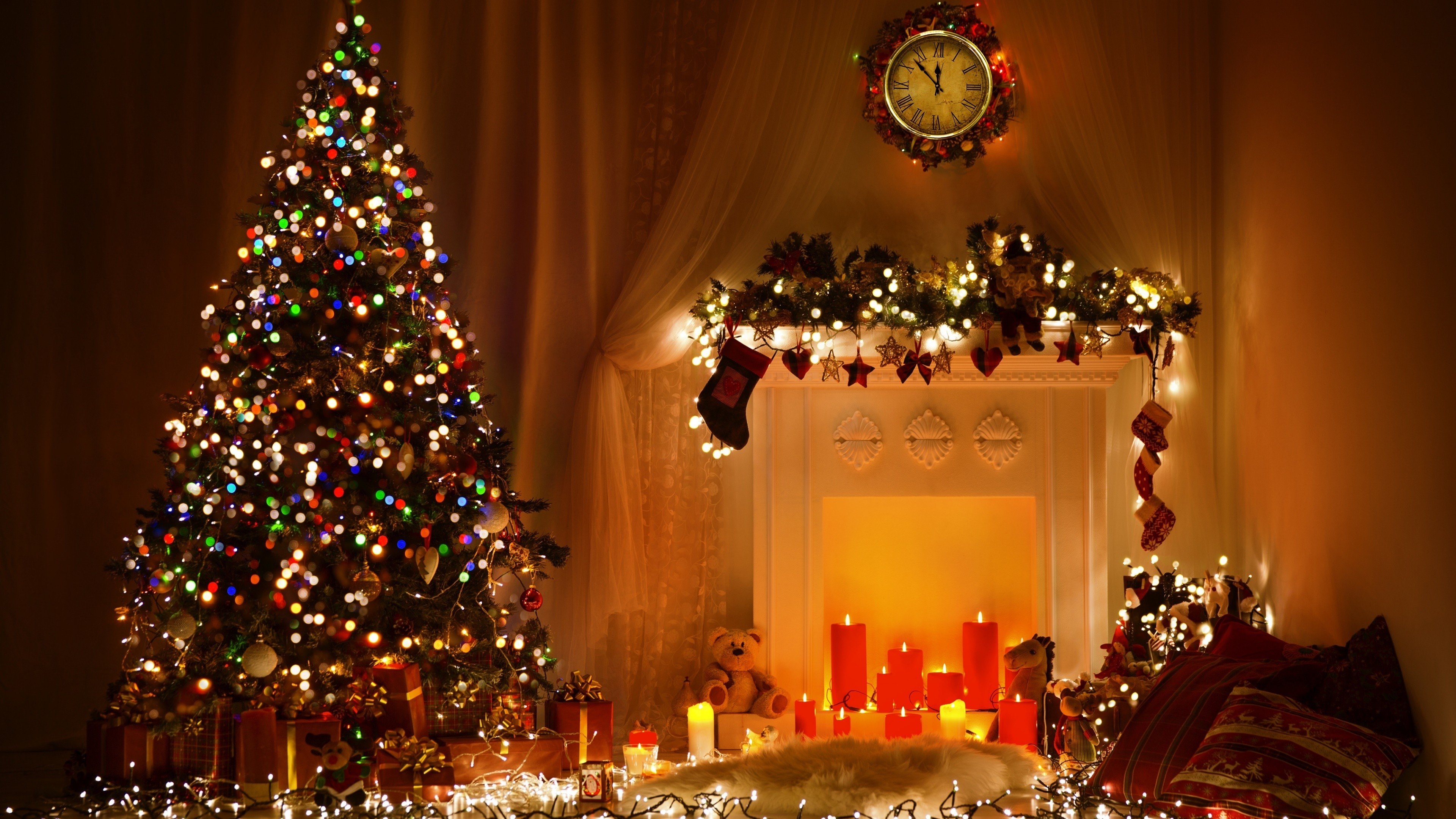 3840x2160 Wallpaper Christmas, New Year, Toys, Fir Tree, Fireplace, Desktop