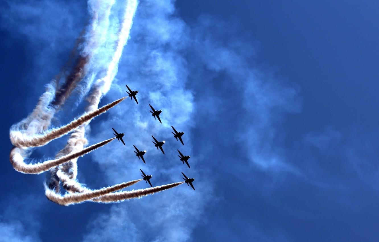 1340x850 Wallpaper smoke, The sky, figure, flight, aircraft, aerobatics, Desktop