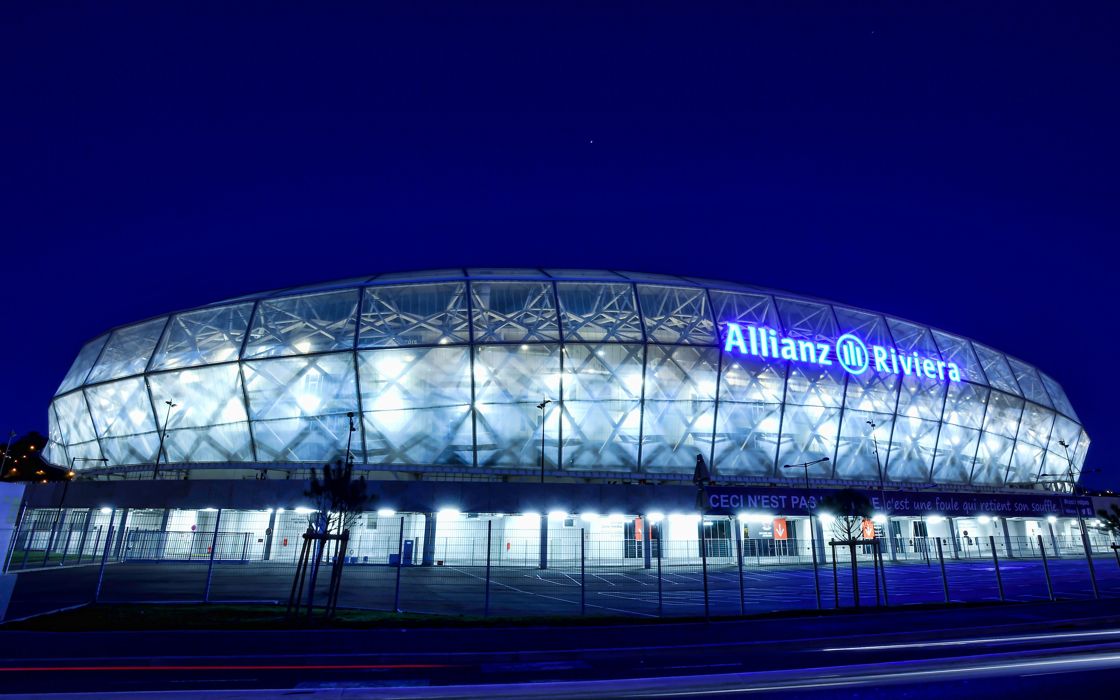 3840x2400 Download wallpaper Allianz Riviera, aerial view, 4k, night, french, Desktop