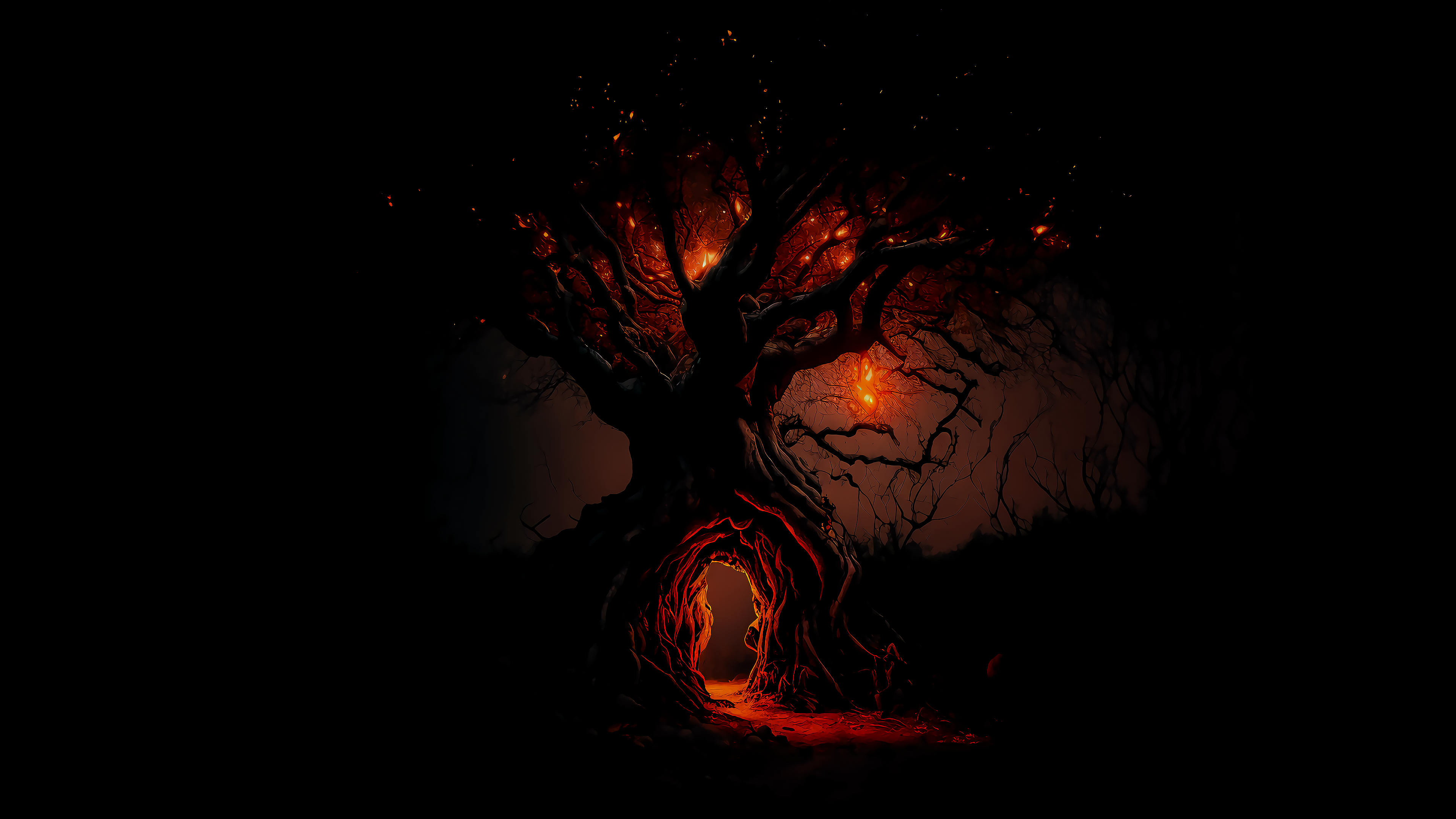 3840x2160 Black Wallpaper 4K for PC: Magical Tree Illustration, Desktop