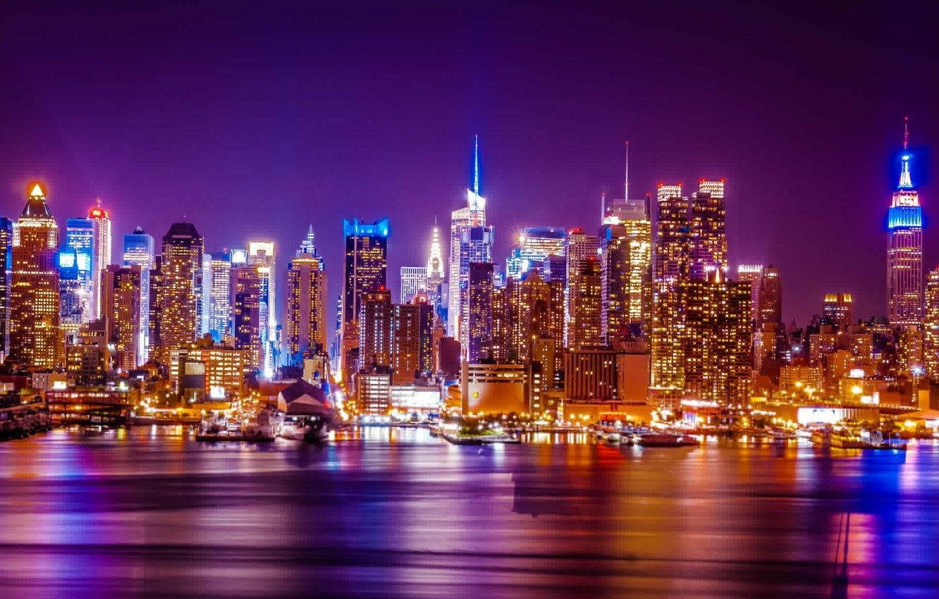 1340x850 Wallpaper night, the city, lights, skyscrapers, panorama, skyline, WTC, New York city, Hudson river, city skyline image for desktop, section город, Desktop