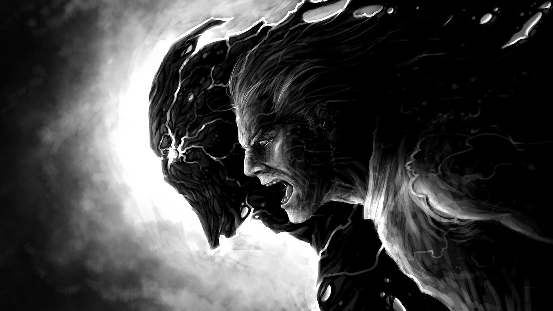 1920x1080 Art monster people profile monochrome black white cracked dark fantasy creatures wallpaperx1080, Desktop