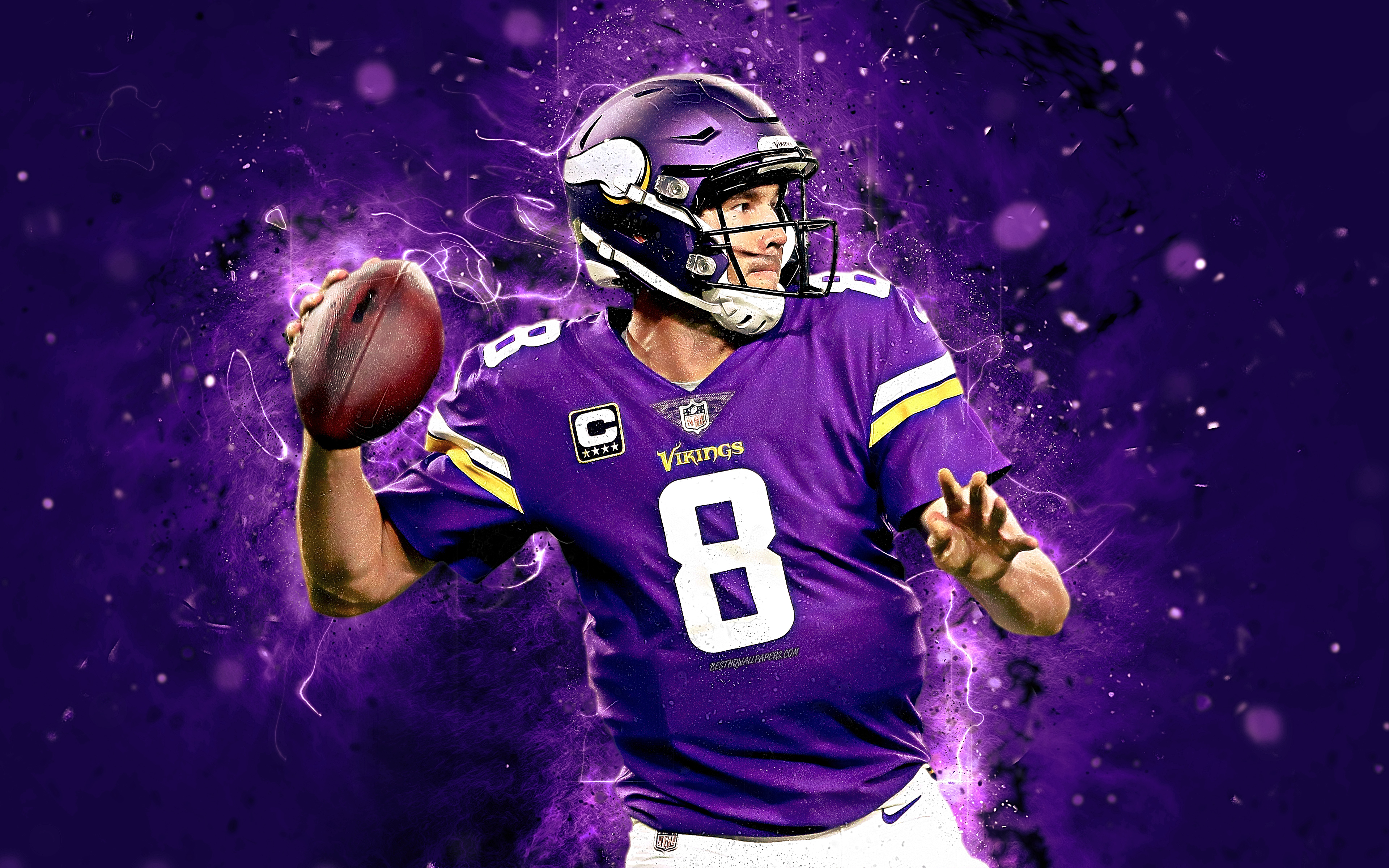 3840x2400 Download wallpaper Kirk Cousins, 4k, abstract art, quarterback, american football, NFL, Minnesota Vikings, Cousins, National Football League, neon lights, creative for desktop with resolution. High Quality HD picture wallpaper, Desktop