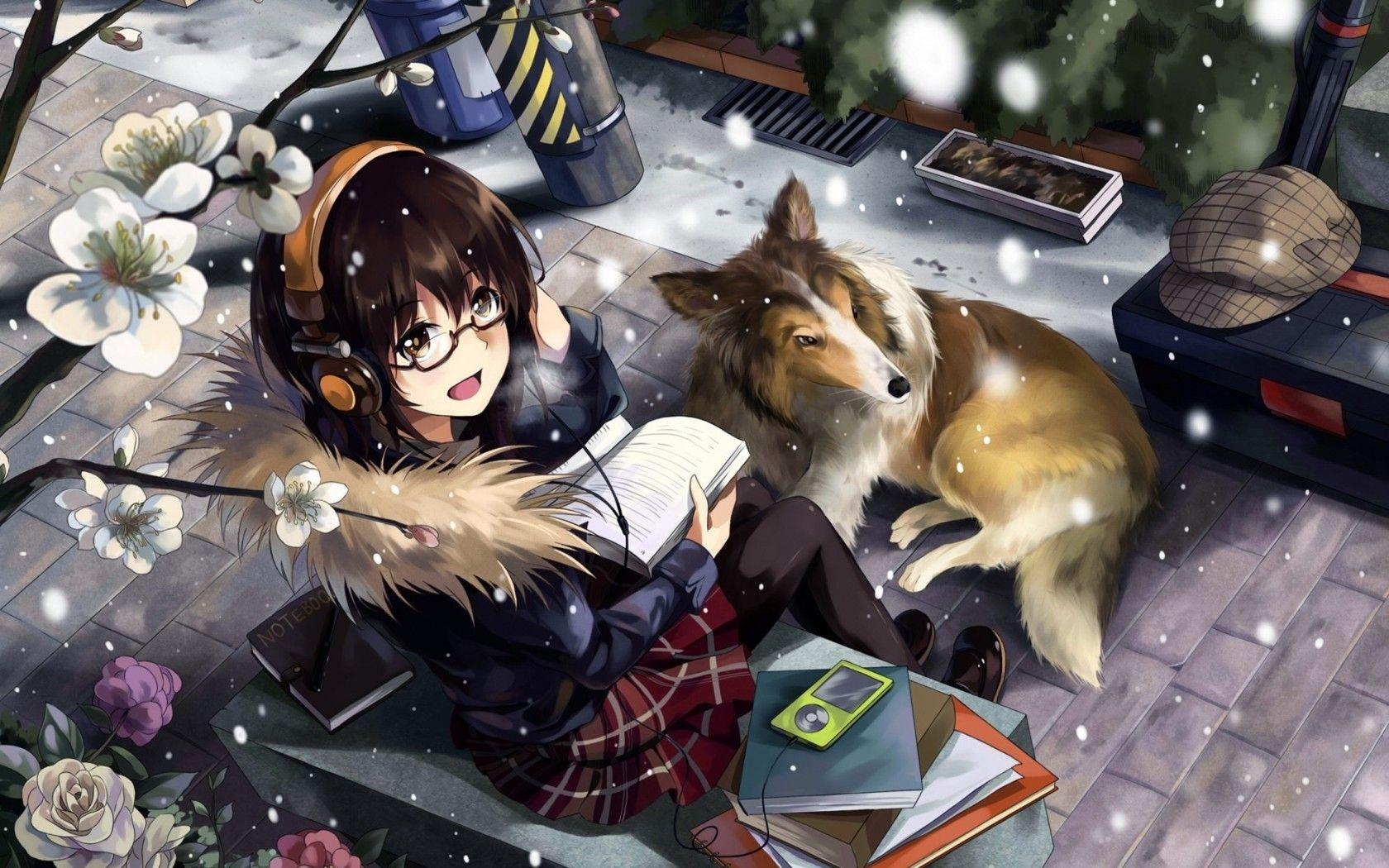 1680x1050 Download  Anime Girl, Dog, Snow, Meganekko, White Flowers, Desktop