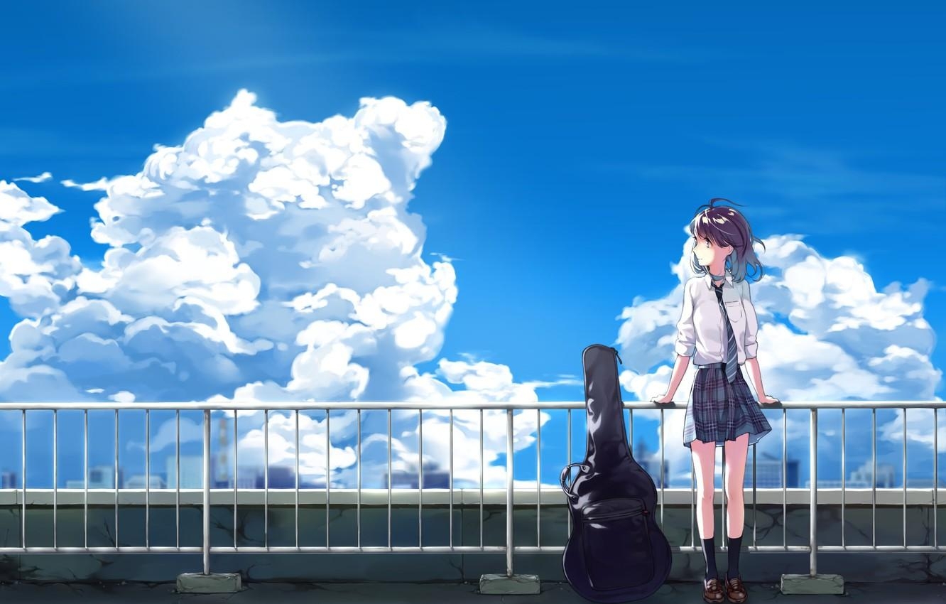 1340x850 Wallpaper the sky, girl, clouds, guitar, anime, art, tie, form, schoolgirl image for desktop, section прочее, Desktop