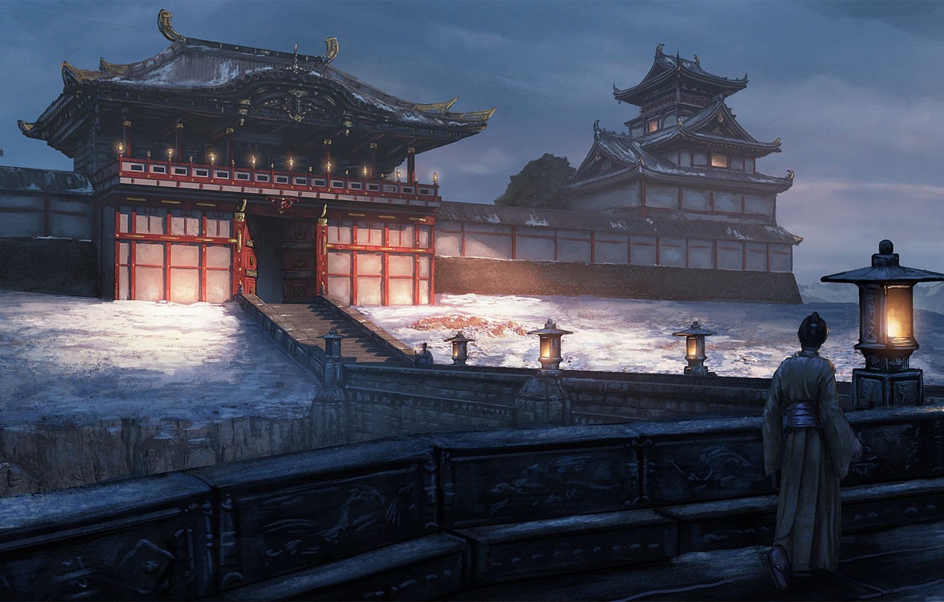 1340x850 Wallpaper road, gate, Japan, samurai, lights, ladder, architecture, twilight, art, castle, feudal, Edward Baron image for desktop, section арт, Desktop