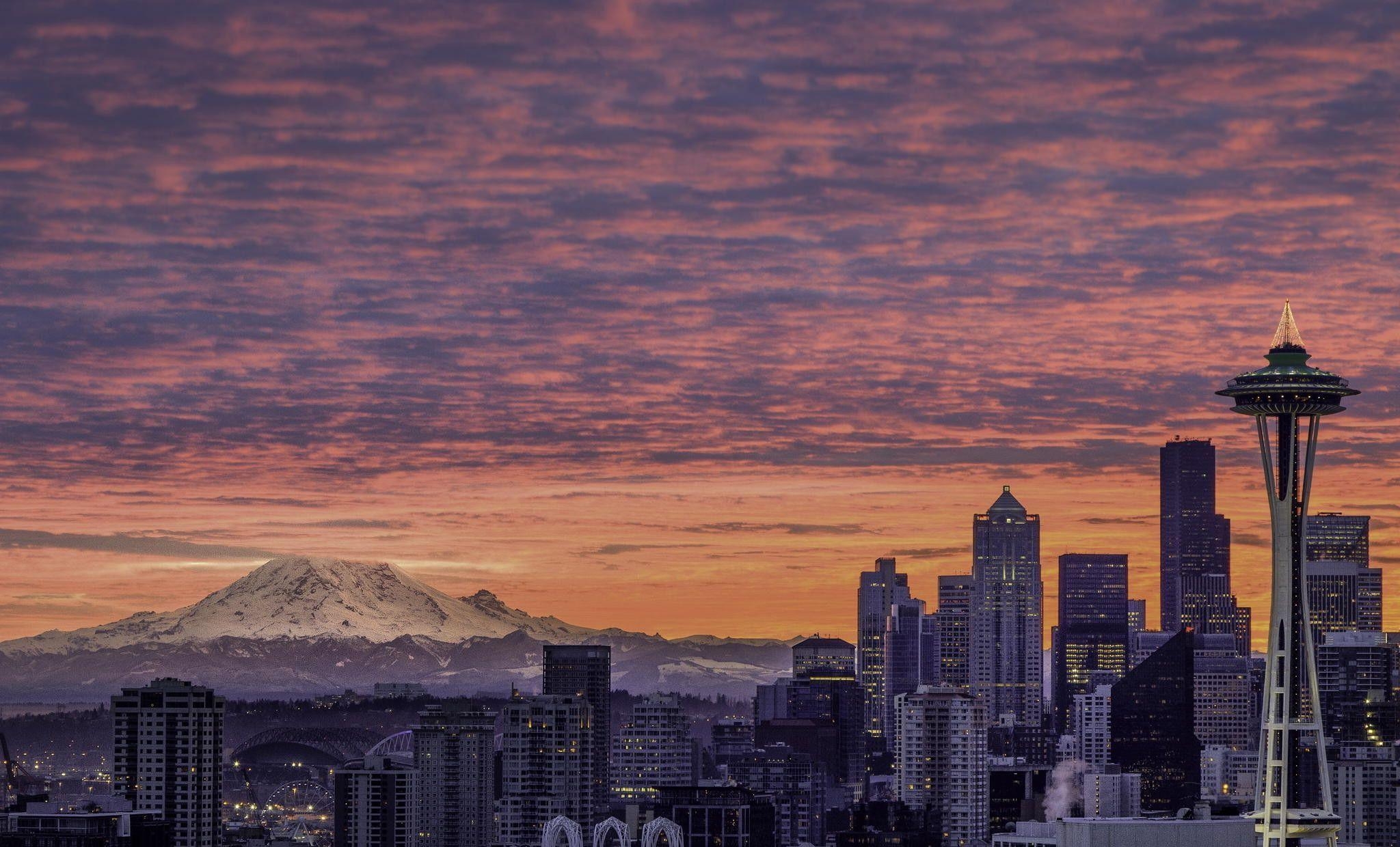 2050x1240 Skyline At Sunrise With The Moon Picture, Desktop