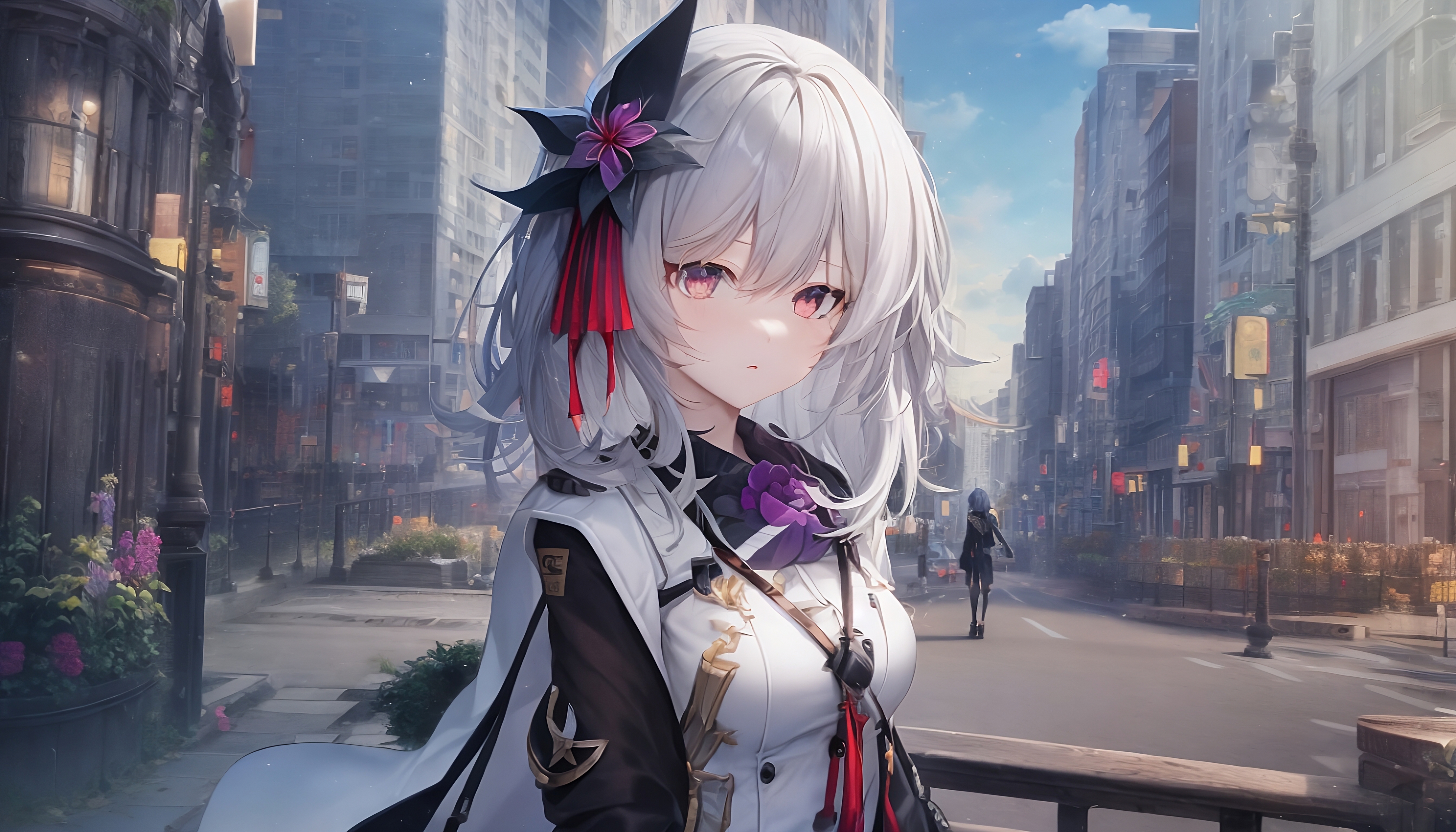 5380x3080 Wallpaper, ai art, novel ai, anime girls, looking at viewer, silver hair, city, flowers, Desktop