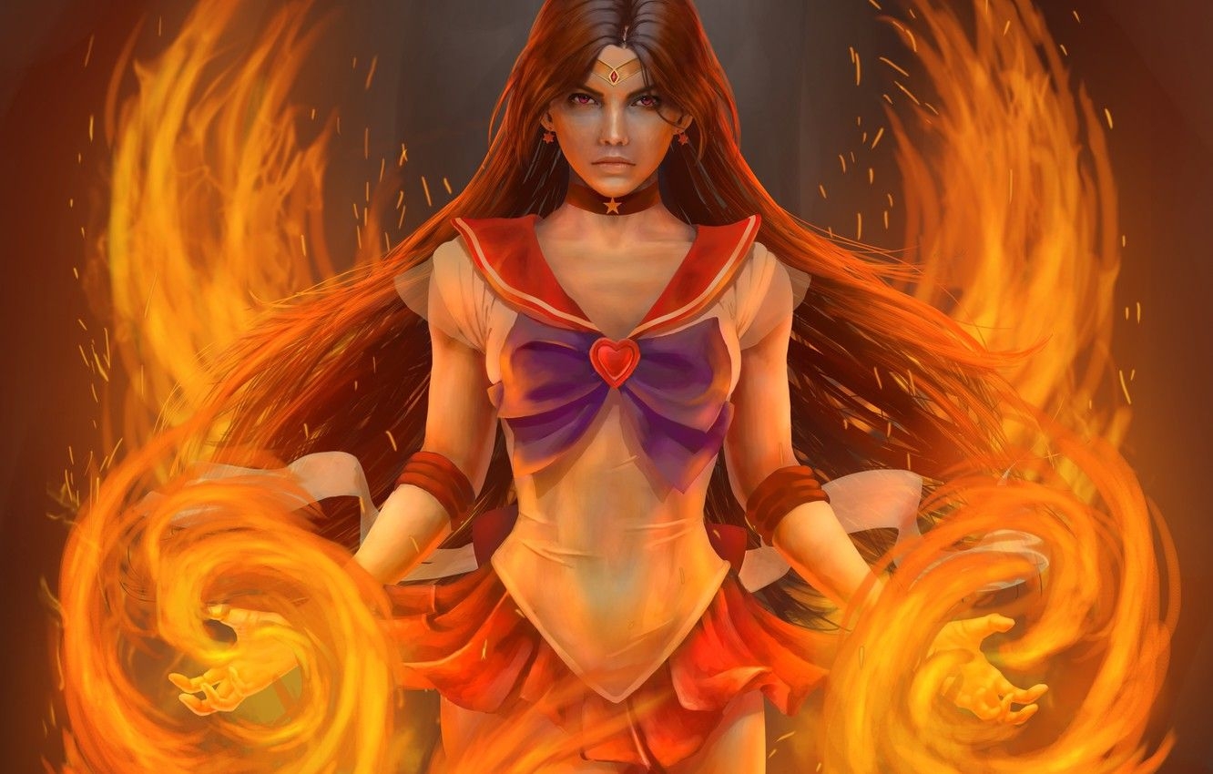 1340x850 Wallpaper girl, fire, anime, dress, art, sailor mars, Sailor Moon, Desktop