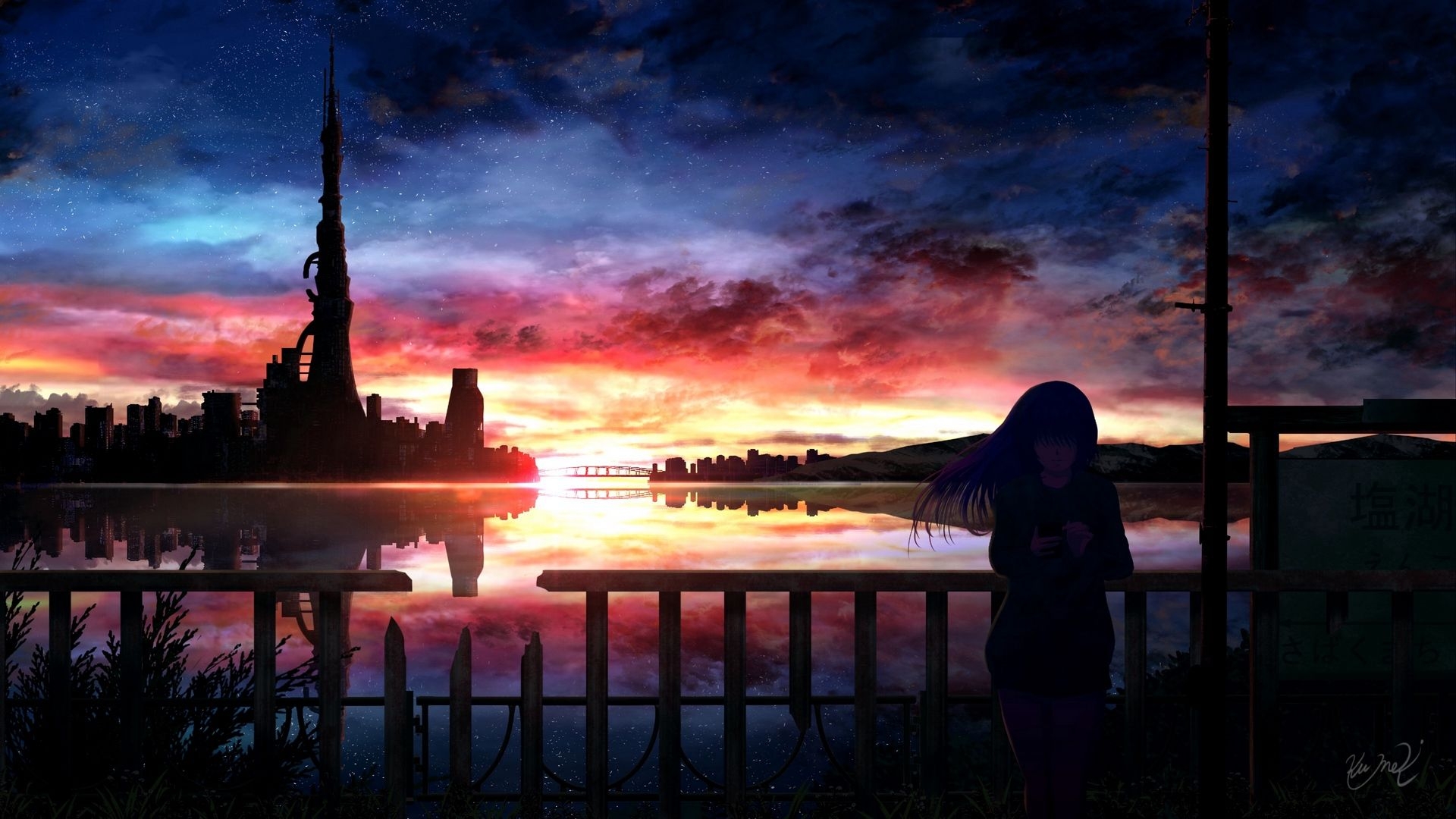 1920x1080 Wallpaper Silhouette, Night, Starry Sky, Girl, Anime, Desktop