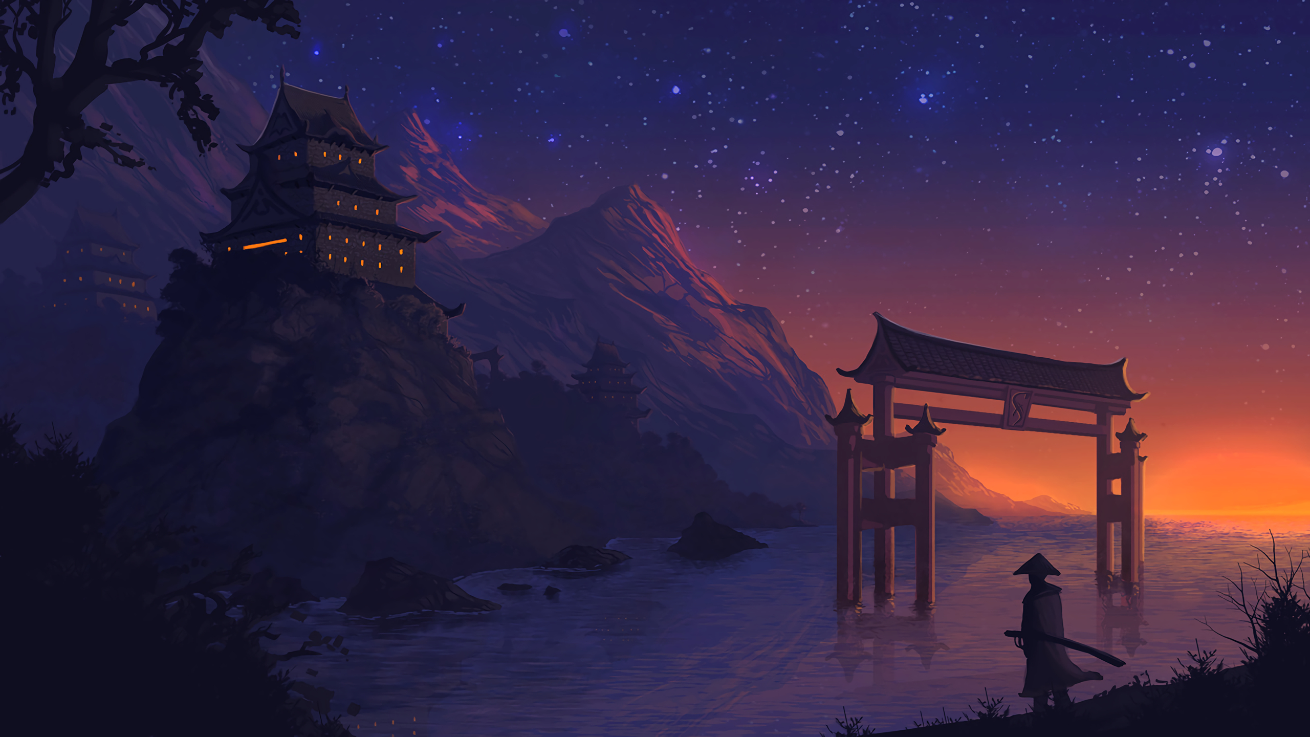 2560x1440 Anime  landscape anime digital art fantasy art night stars sunset. HD landscape, Landscape wallpaper, Digital art fantasy, Desktop