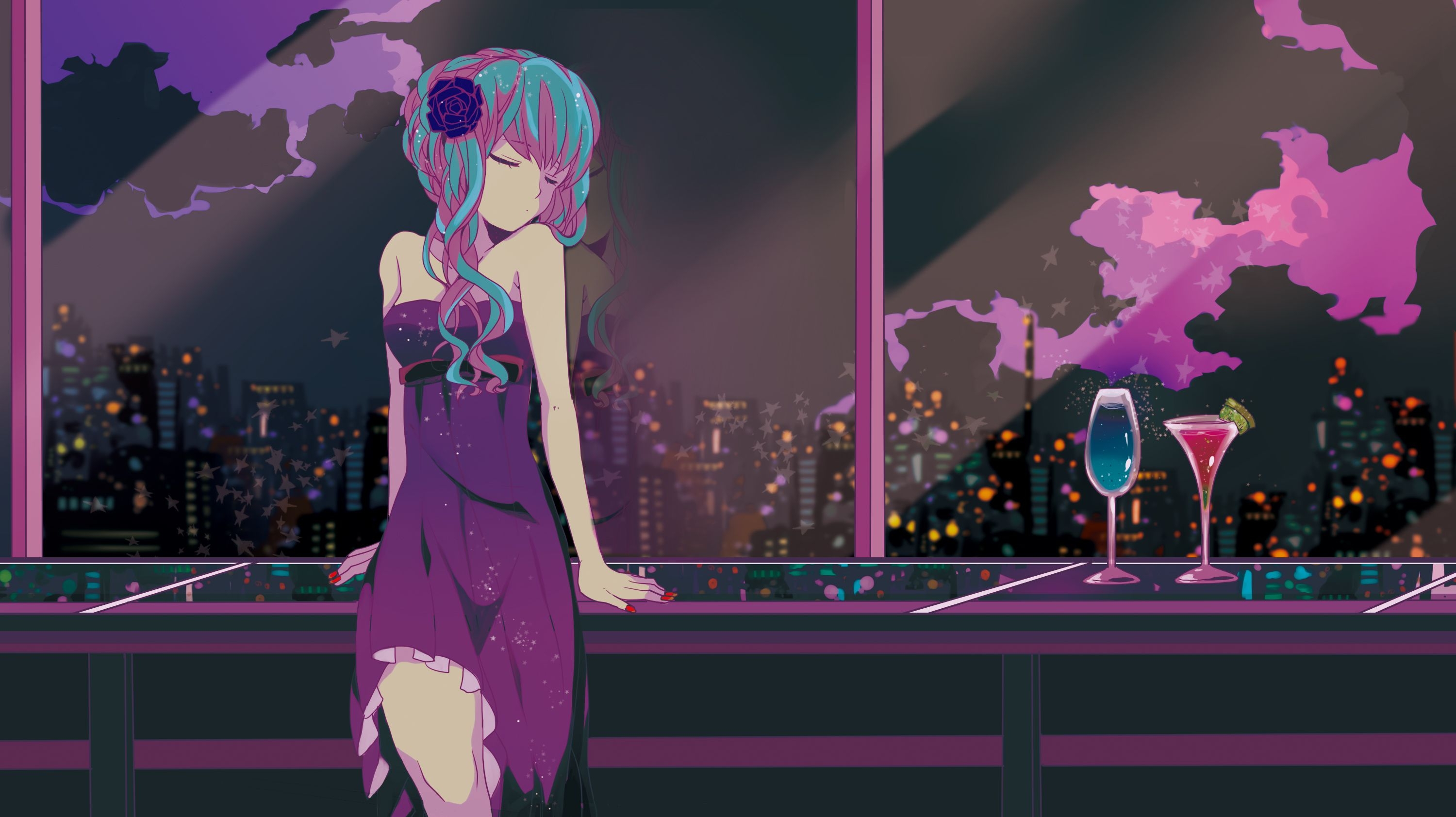 3000x1690 City, Dress, Hatsune Miku, Sky, Skyscraper, Two Toned Hair, Cloud, Desktop
