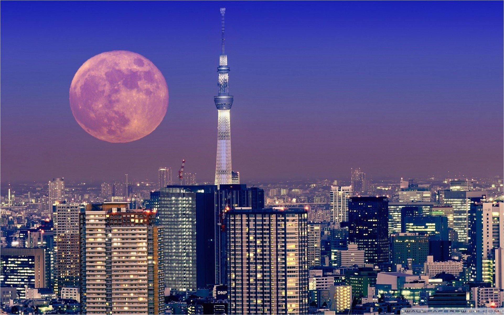 1930x1210 Moon Over Tokyo, Japan, Desktop