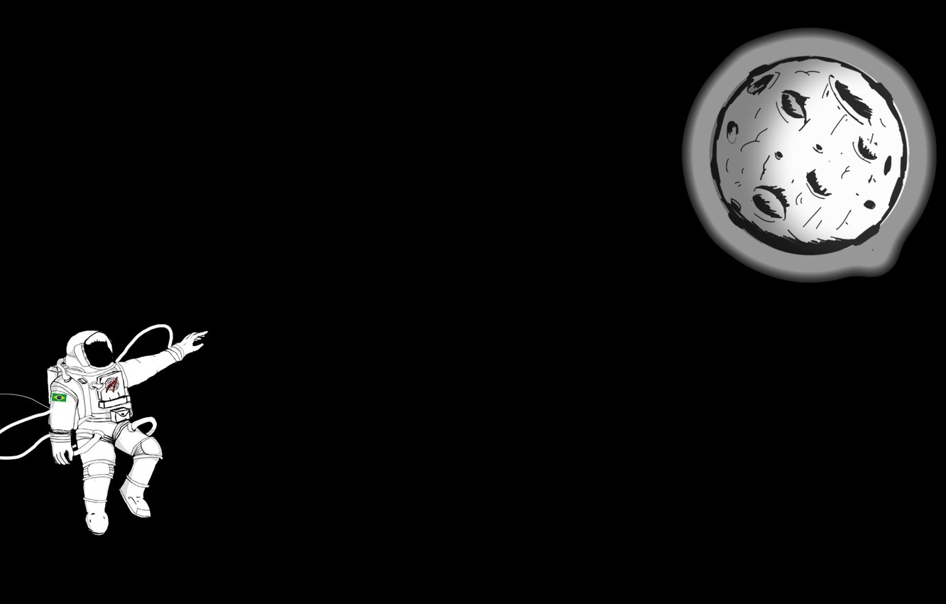 1340x850 Wallpaper Moon, minimalism, digital art, artwork, black background, situation, astronaut, spacesuit, simple background, hemlmet image for desktop, section минимализм, Desktop