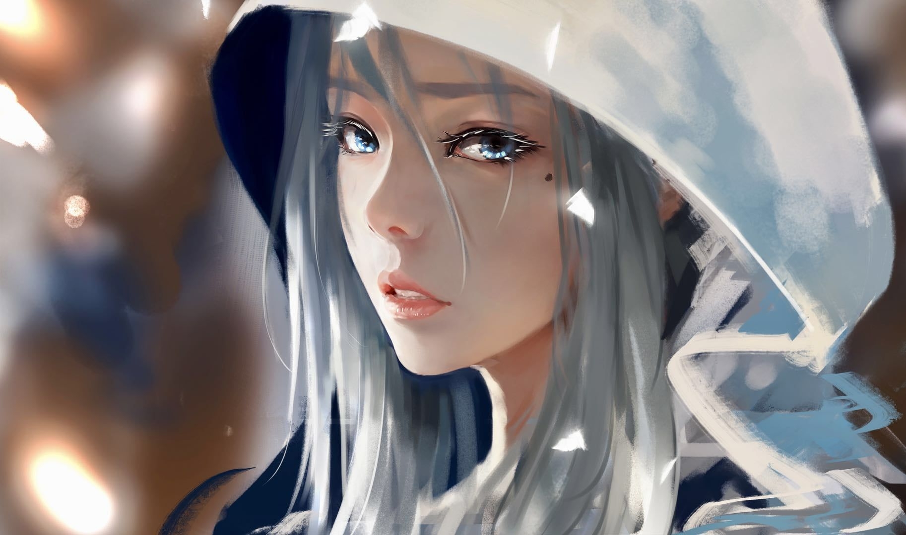 1830x1080 White Haired Female Anime Character With Hood, WLOP, Digital Art, Desktop
