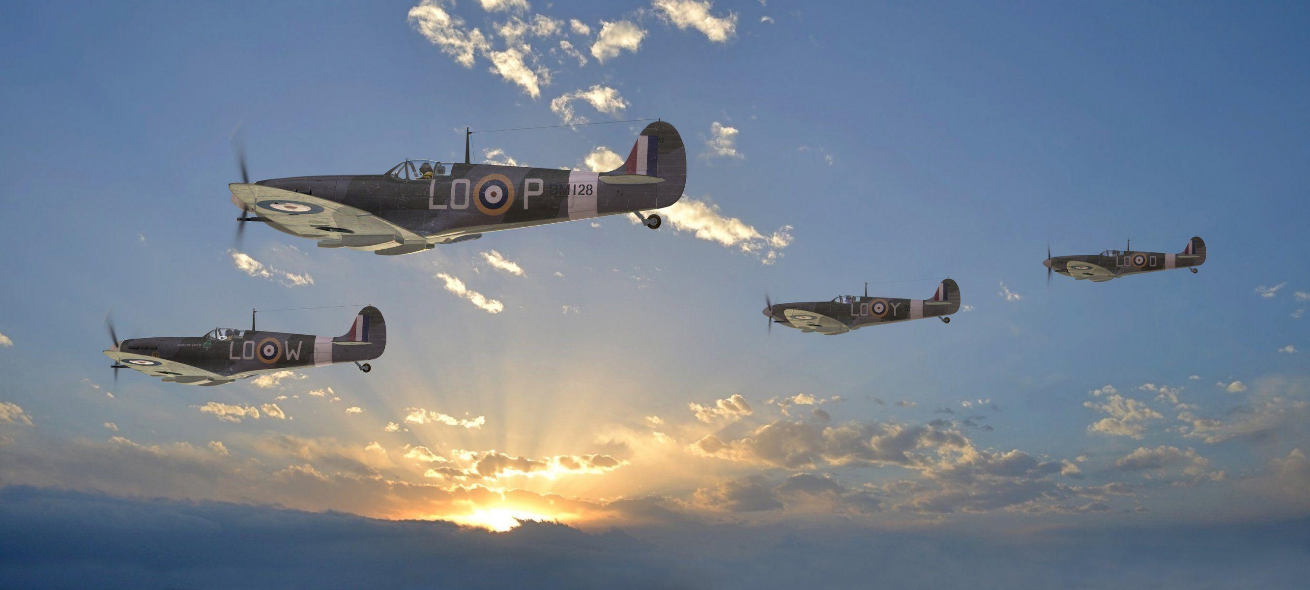 2670x1200 sky supermarine spitfire uk fighters clouds sun rays ww2 picture, Dual Screen