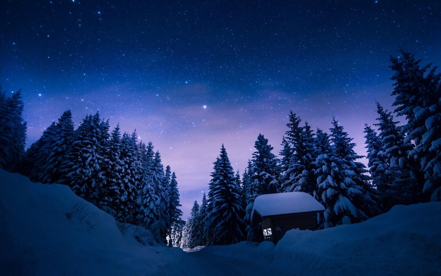 1680x1050 Winter Forest Road Starry Sky Night Desktop Wallpaper, Desktop