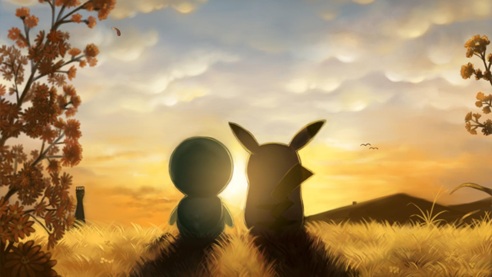 1600x900 pikachu and piplup sunrise, Desktop