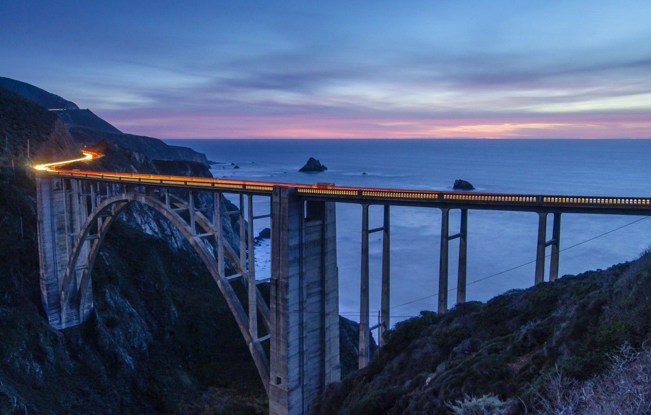 1340x850 Wallpaper the sky, clouds, sunset, mountains, bridge, pink, Desktop