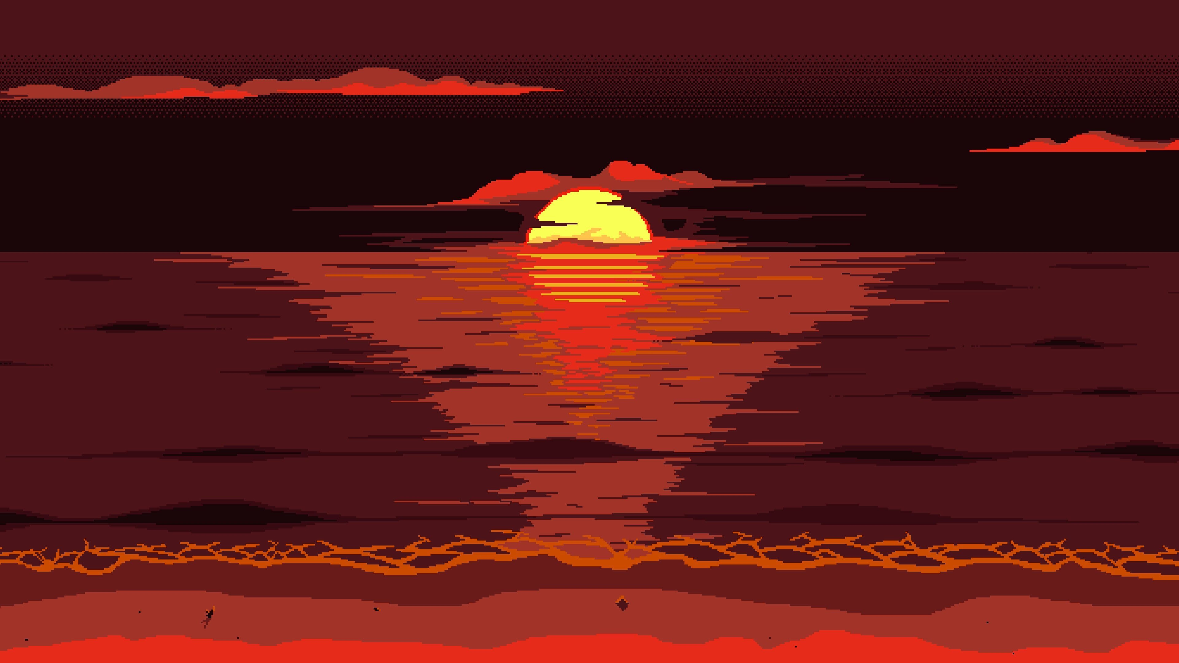 3840x2160 Red Dark Pixel Art Sunset 4k Sunset Wallpaper, Minimalist Wallpaper, Minimalism Wallpaper, Hd Wallpape. Sunset Wallpaper, Background HD Wallpaper, 8k Wallpaper, Desktop