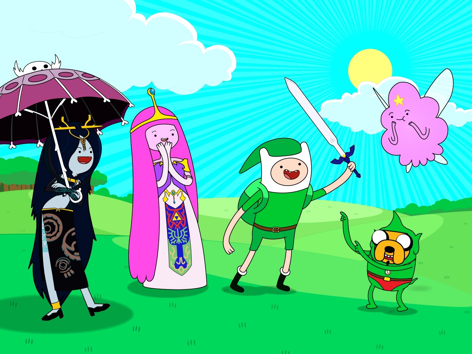 1600x1200 Wallpaper, illustration, cartoon, The Legend of Zelda, Adventure Time, Marceline the vampire queen, Princess Bubblegum, Jake the Dog, play, Finn the Human, Lumpy Space Princess, ART, Desktop