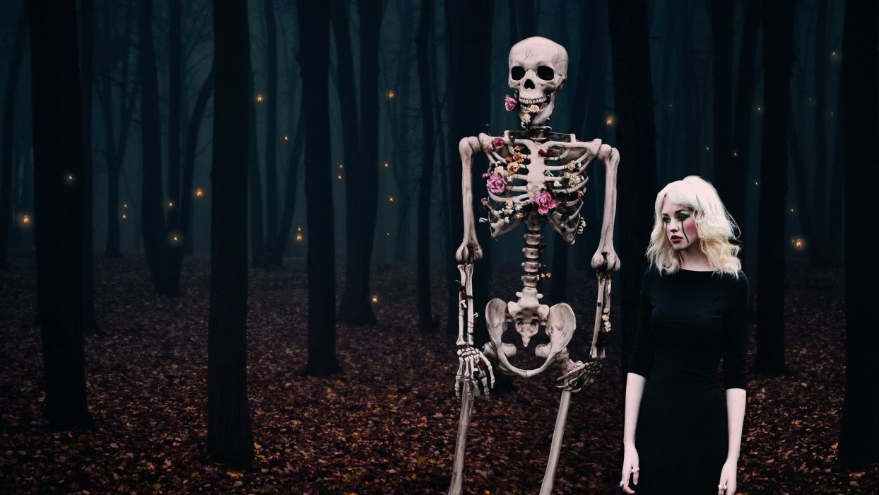 1250x700 Blonde Skeleton Forest Trees death sad sorrow gothic wallpaperx1080, Desktop