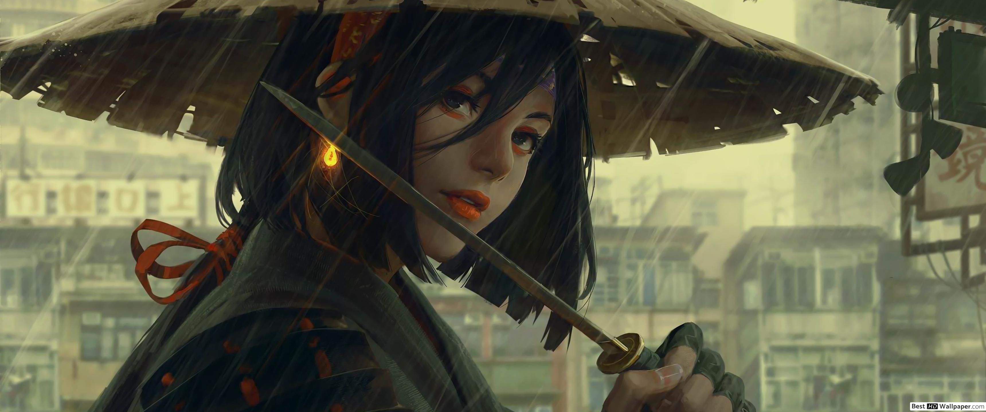 3440x1440 Samurai Girl Warrior HD wallpaper download, Dual Screen