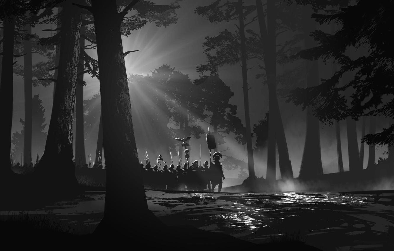 1340x850 Wallpaper Trees, Forest, Soldiers, Art, Art, Stroy, Legion, Legion, Desktop