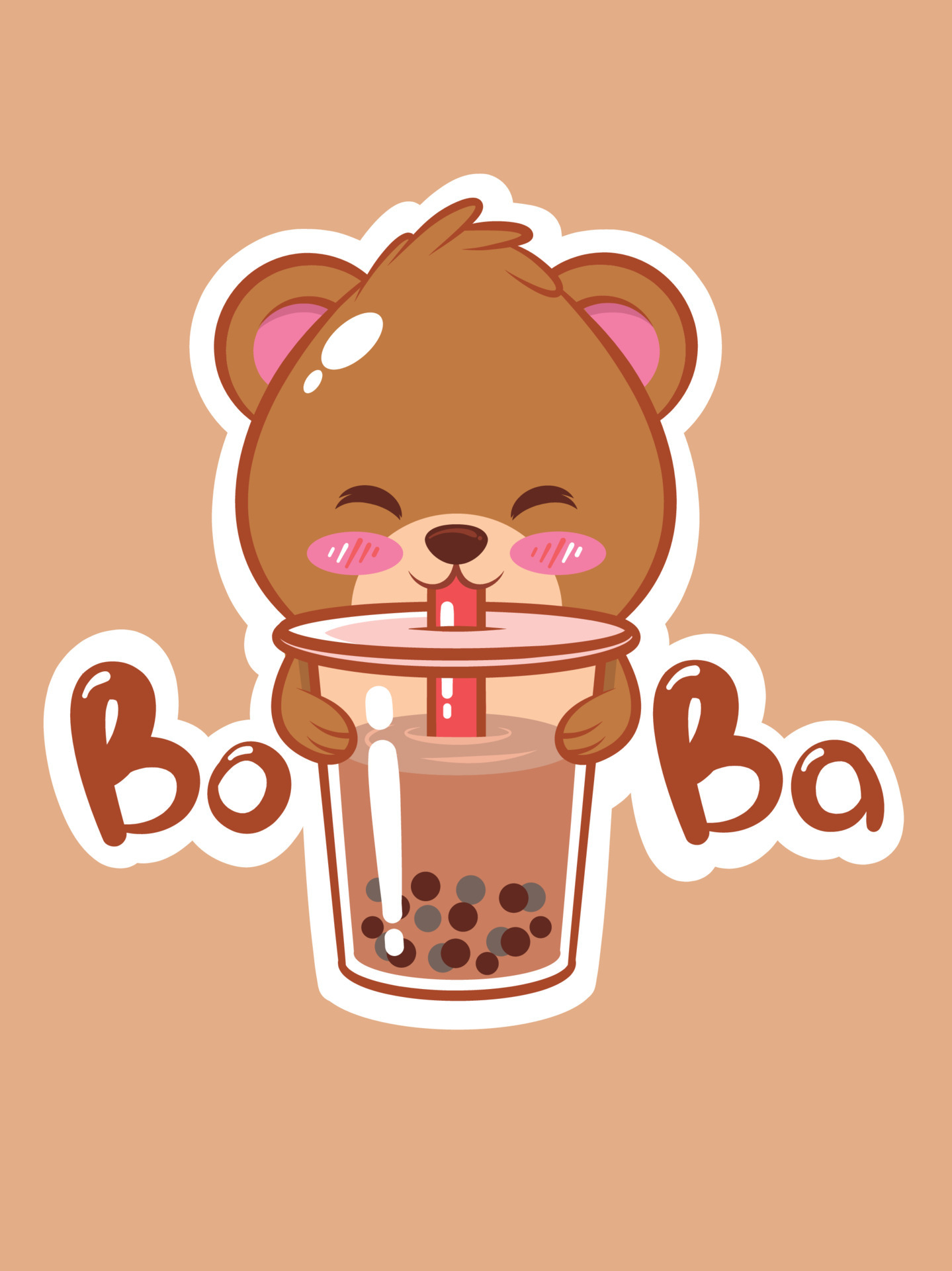 1440x1920 a cute bear drinking boba tea. cartoon character and mascot illustration concept, Phone