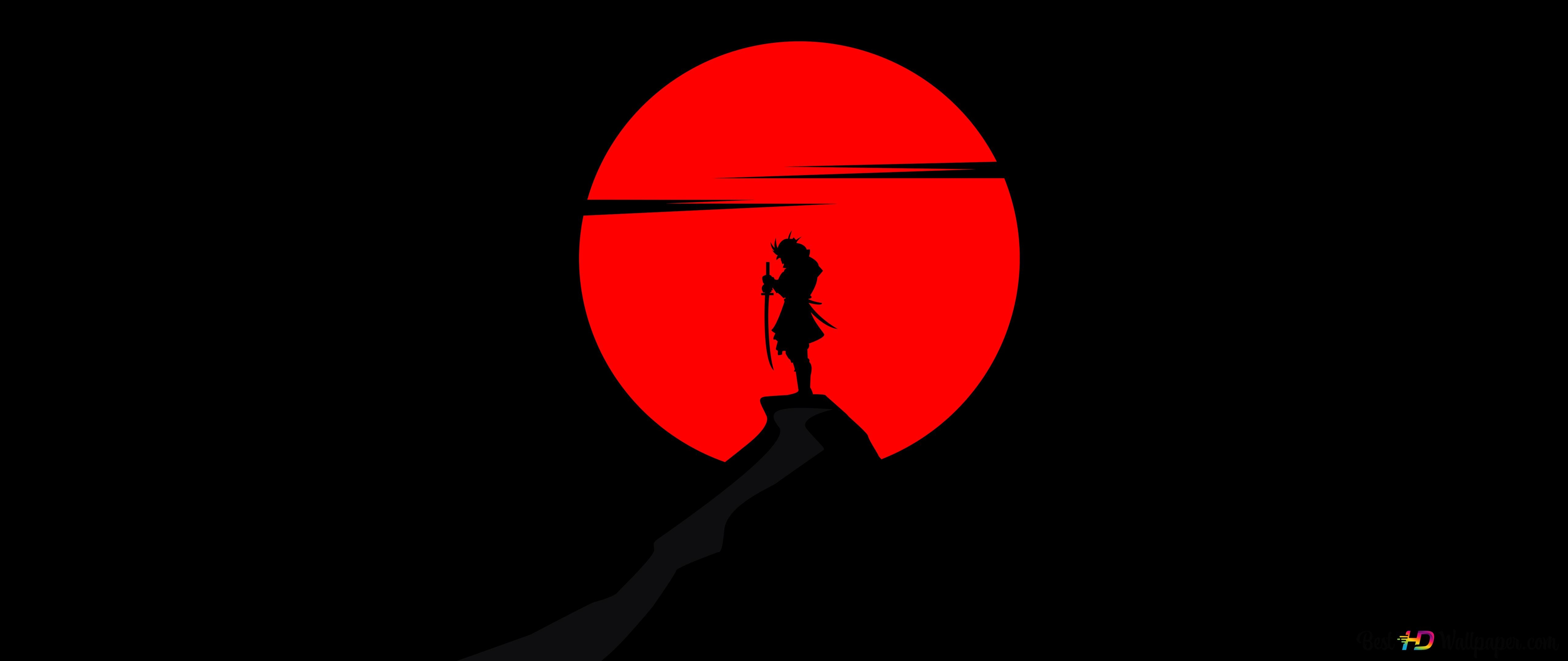 5120x2160 Alone Samurai shadow on red moon 8K wallpaper download, Dual Screen