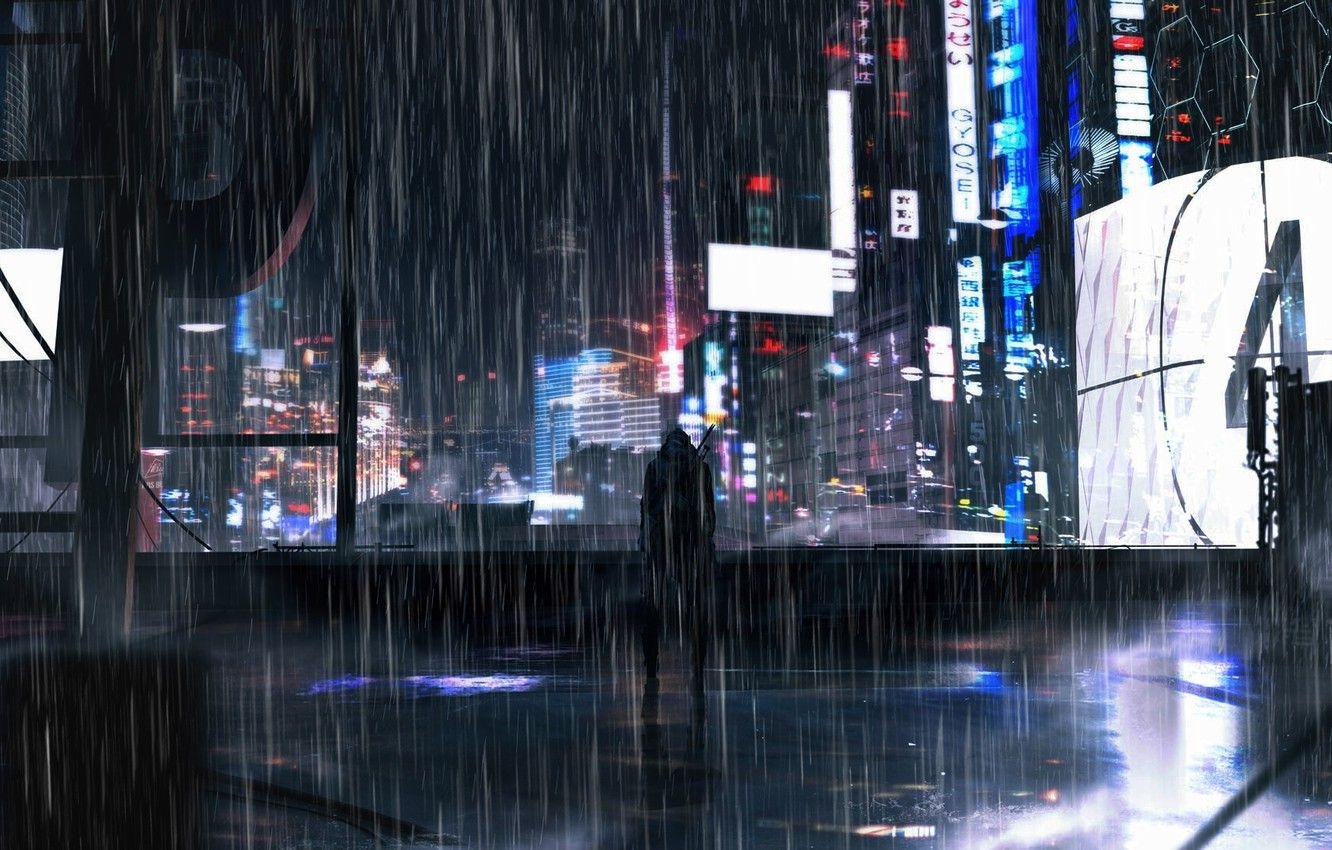 1340x850 Wallpaper Night, The city, Neon, People, Rain, City, Night, Rain, Neon, The shower, Man, Signs image for desktop, section фантастика, Desktop