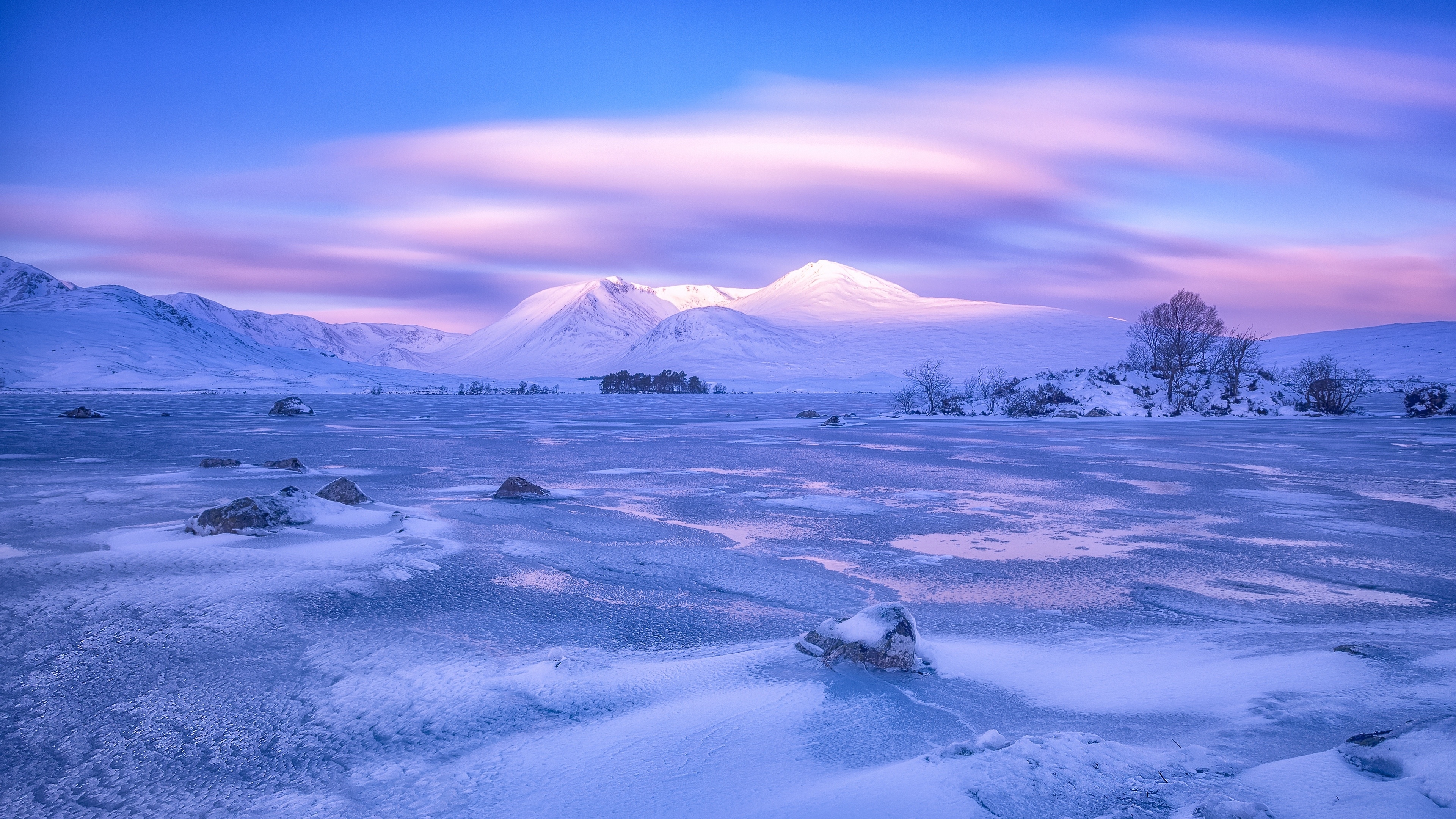 3840x2160 Wallpaper 4k mountains, winter, sky, pink, snow, blue, loch lomond, rannoch moor, scotland 4k Wallpaper, Desktop