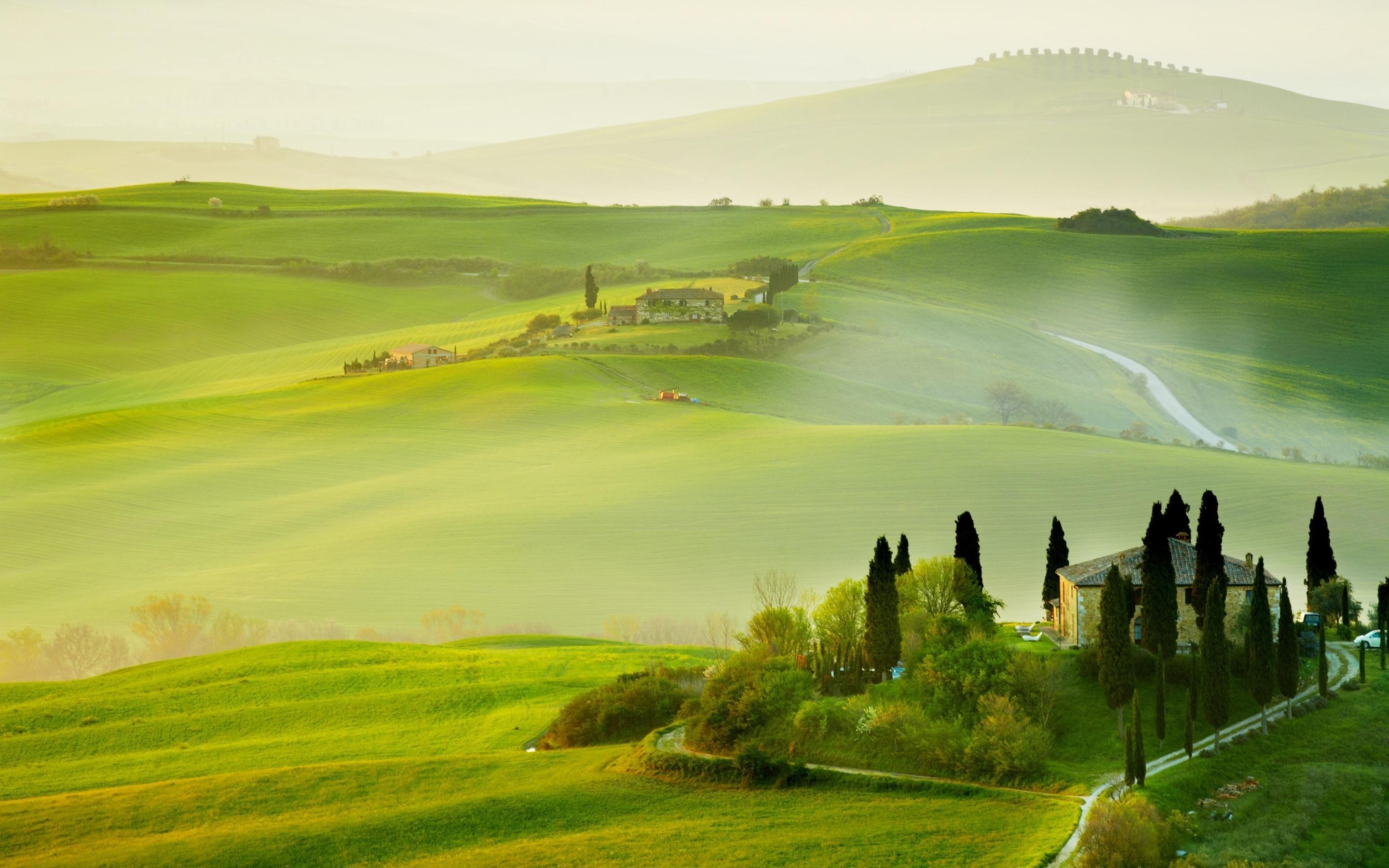 2880x1800 Wallpaper Tuscany, countryside, Italy, nature, trees, green fields, Desktop