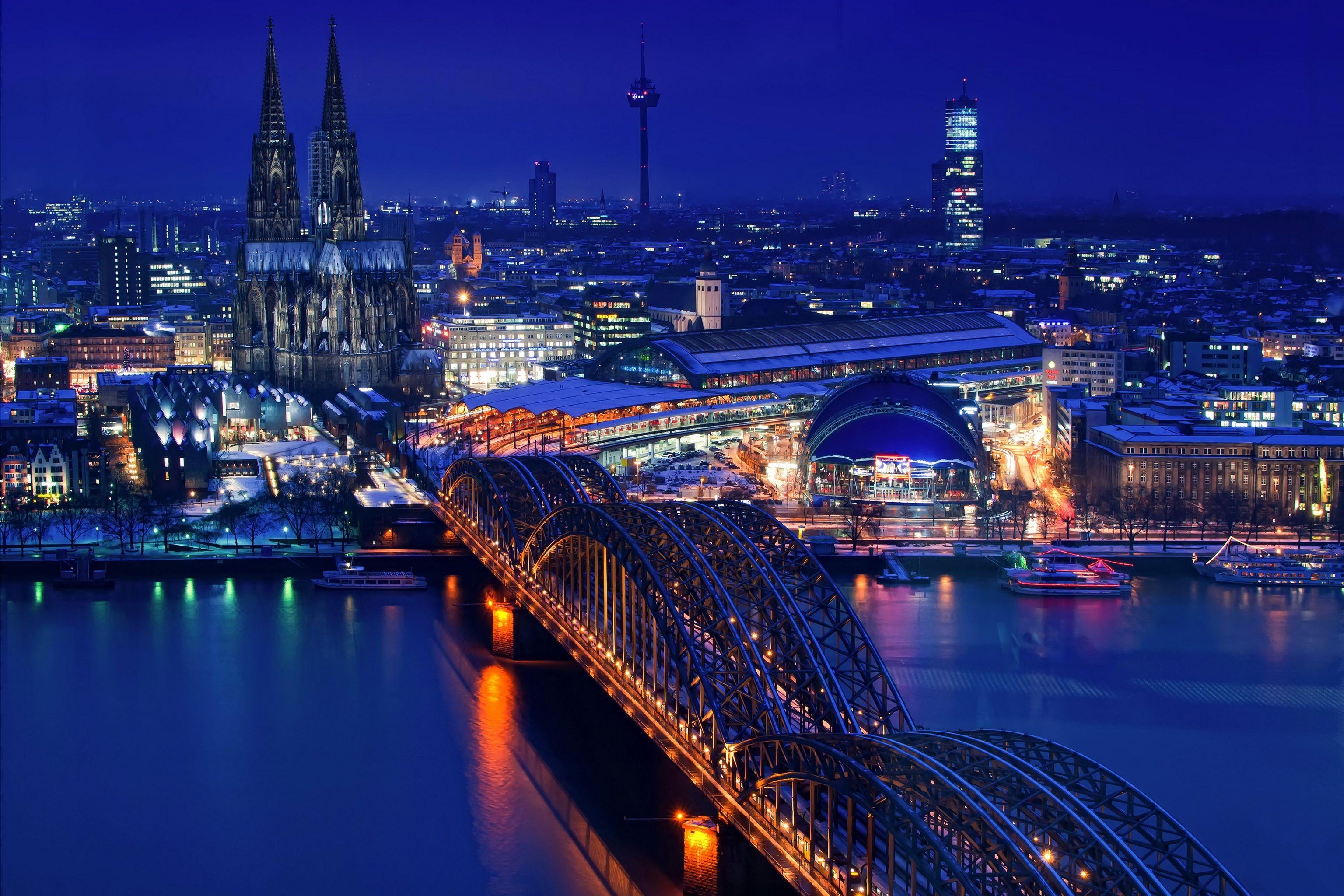 3080x2050 image Cologne Germany Bridges Night Rivers Cities, Desktop