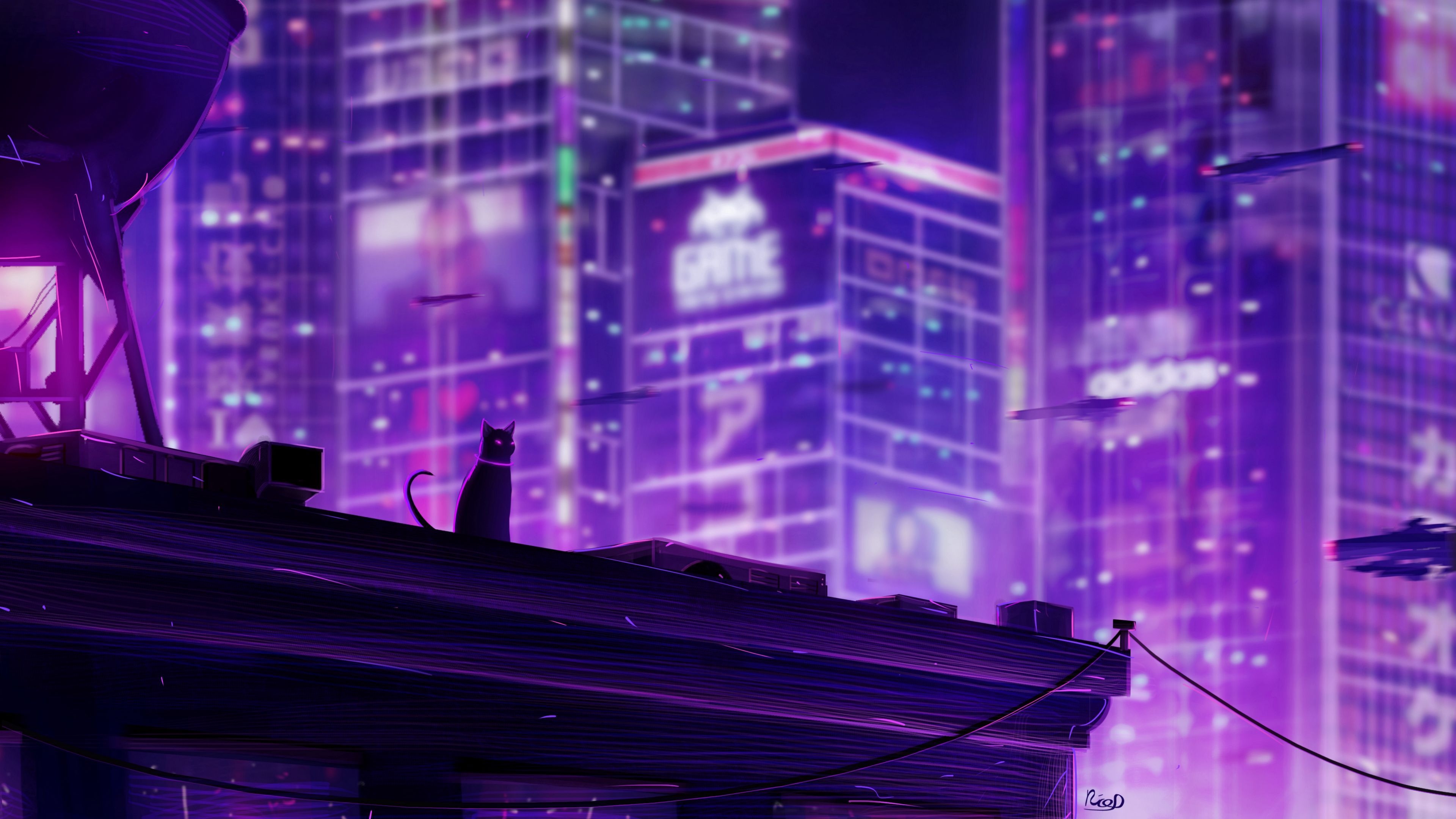 3840x2160 Download wallpaper  cat, roof, city, future, neon, backlight 4k uhd 16:9 HD background, Desktop