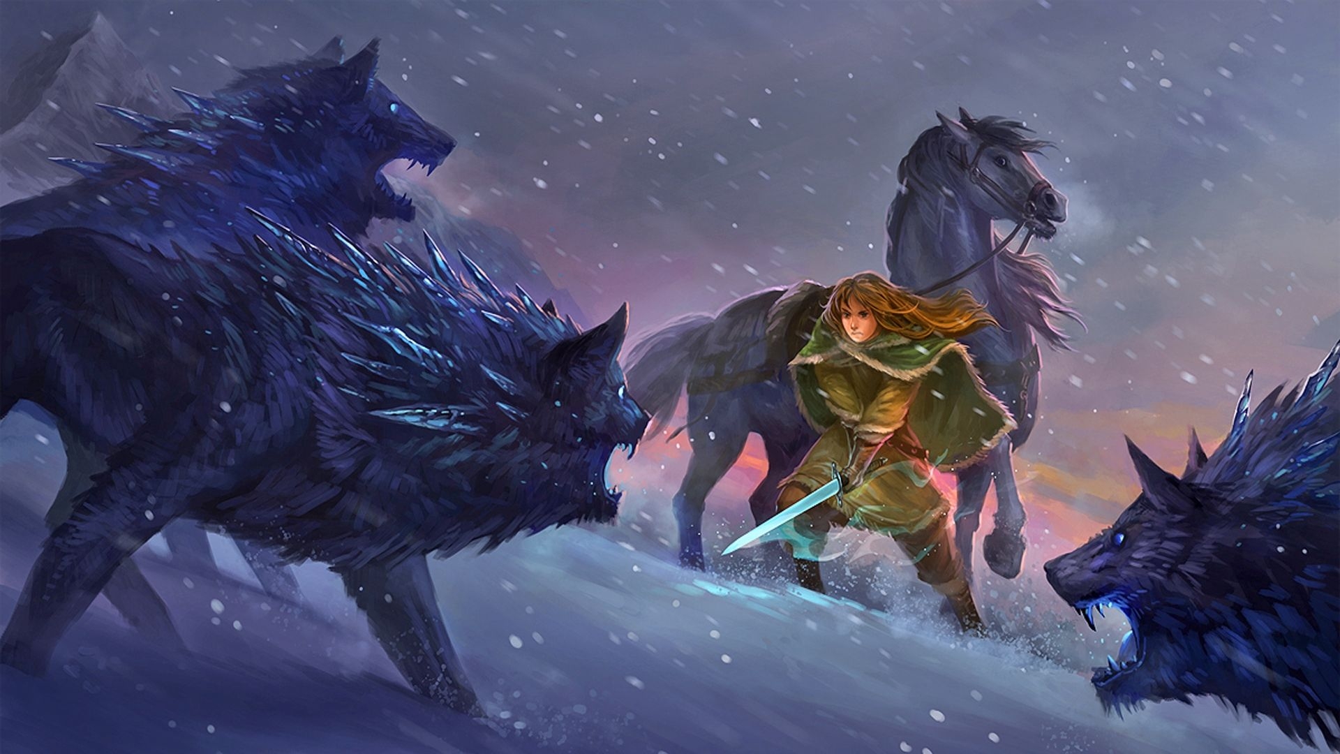 1920x1080 fantasy, wolves, women, winter, dark, magic, sword wallpaper, Desktop