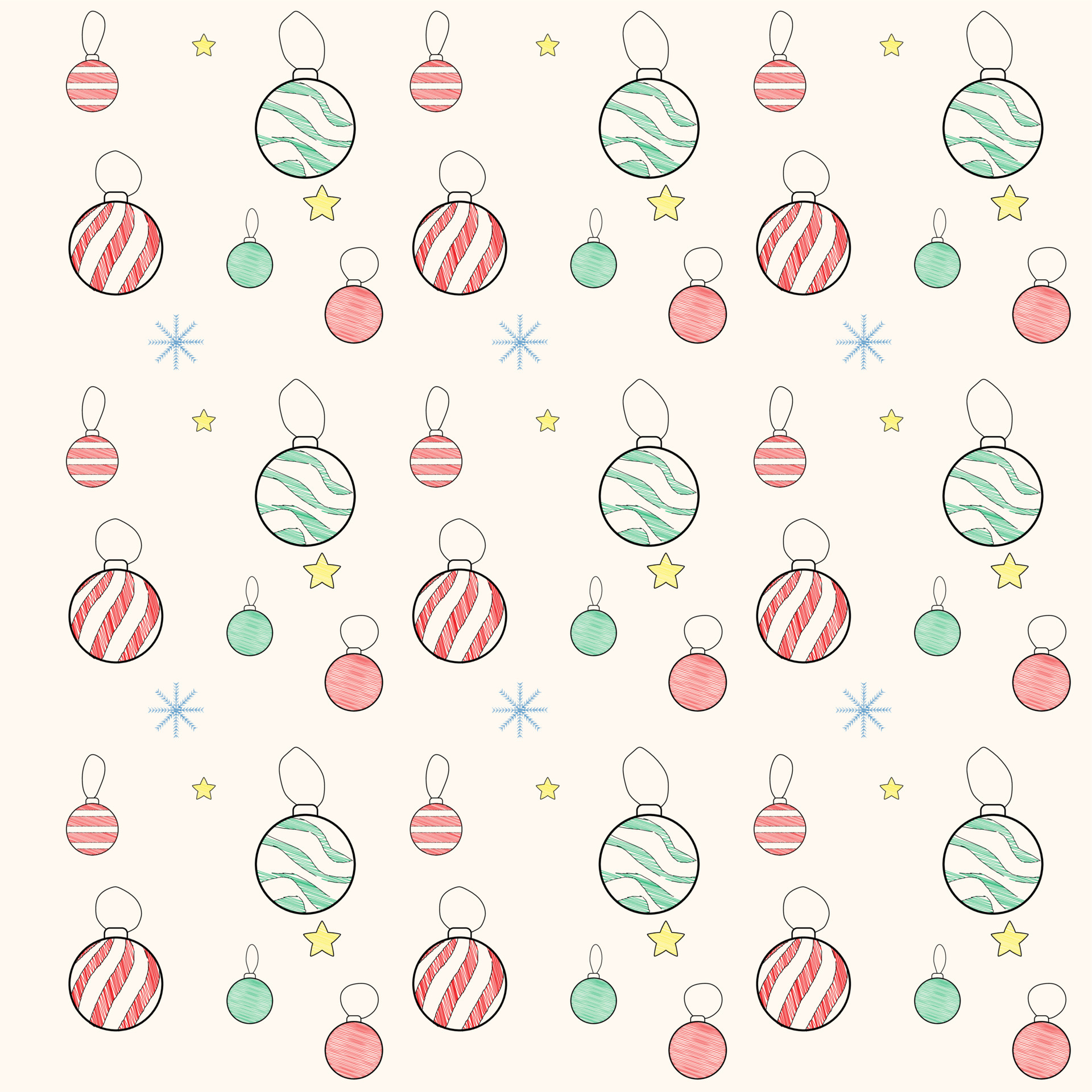 1920x1920 Christmas and New Year Seamless Pattern in doodle simple minimalist style. Red and green balls, stars and snowflakes doodled or hand drawn on light yellow background. Aesthetic and cute. Vector Art, Phone