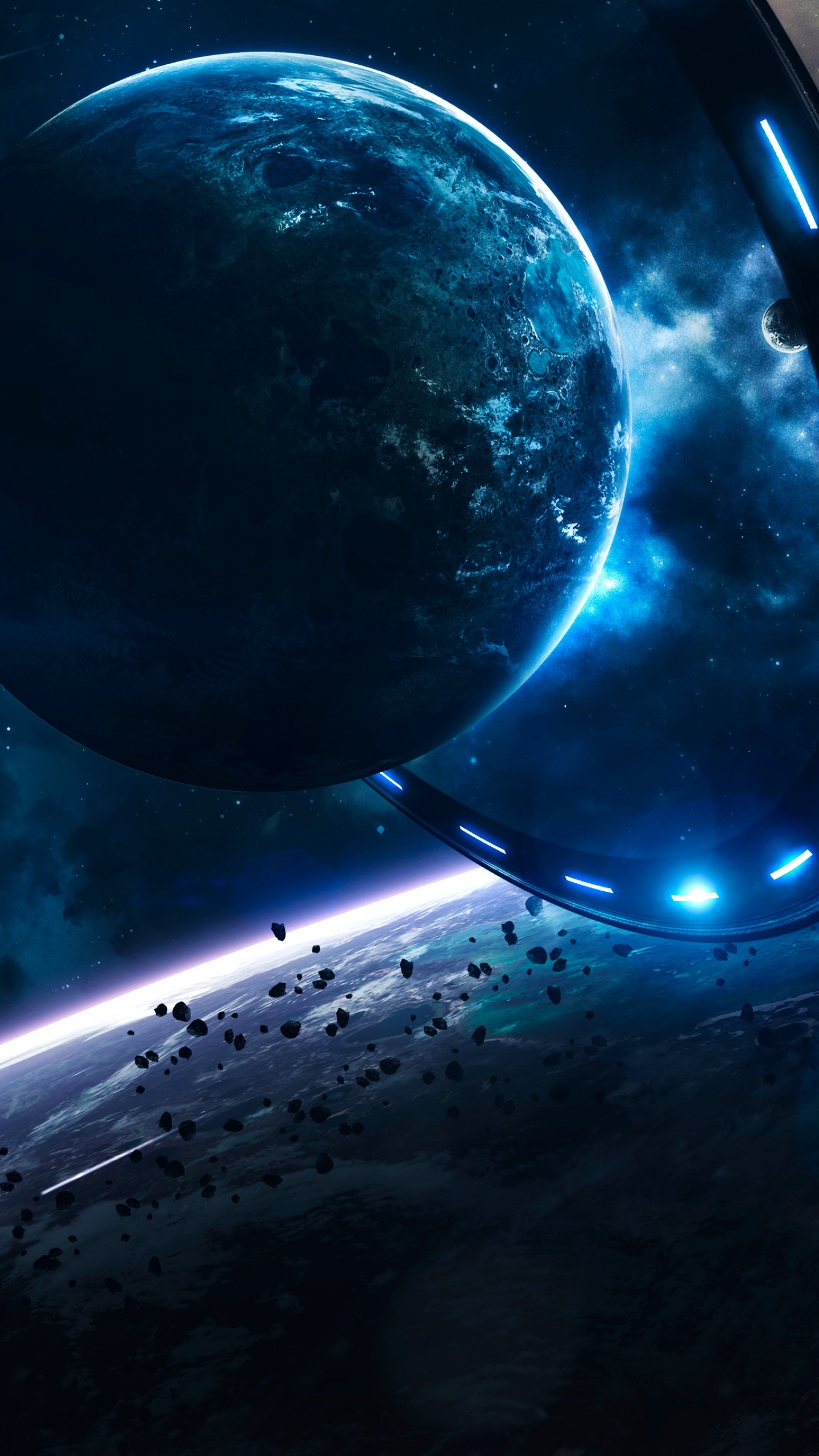 1440x2560 Earth Wallpaper 4K, Blue planet, Gateway, Rocket, Stars, Asteroids, Space, Phone