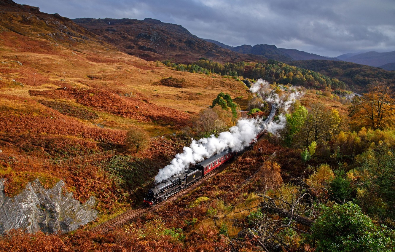 1340x850 Wallpaper autumn, hills, smoke, train, Scotland image for desktop, section пейзажи, Desktop