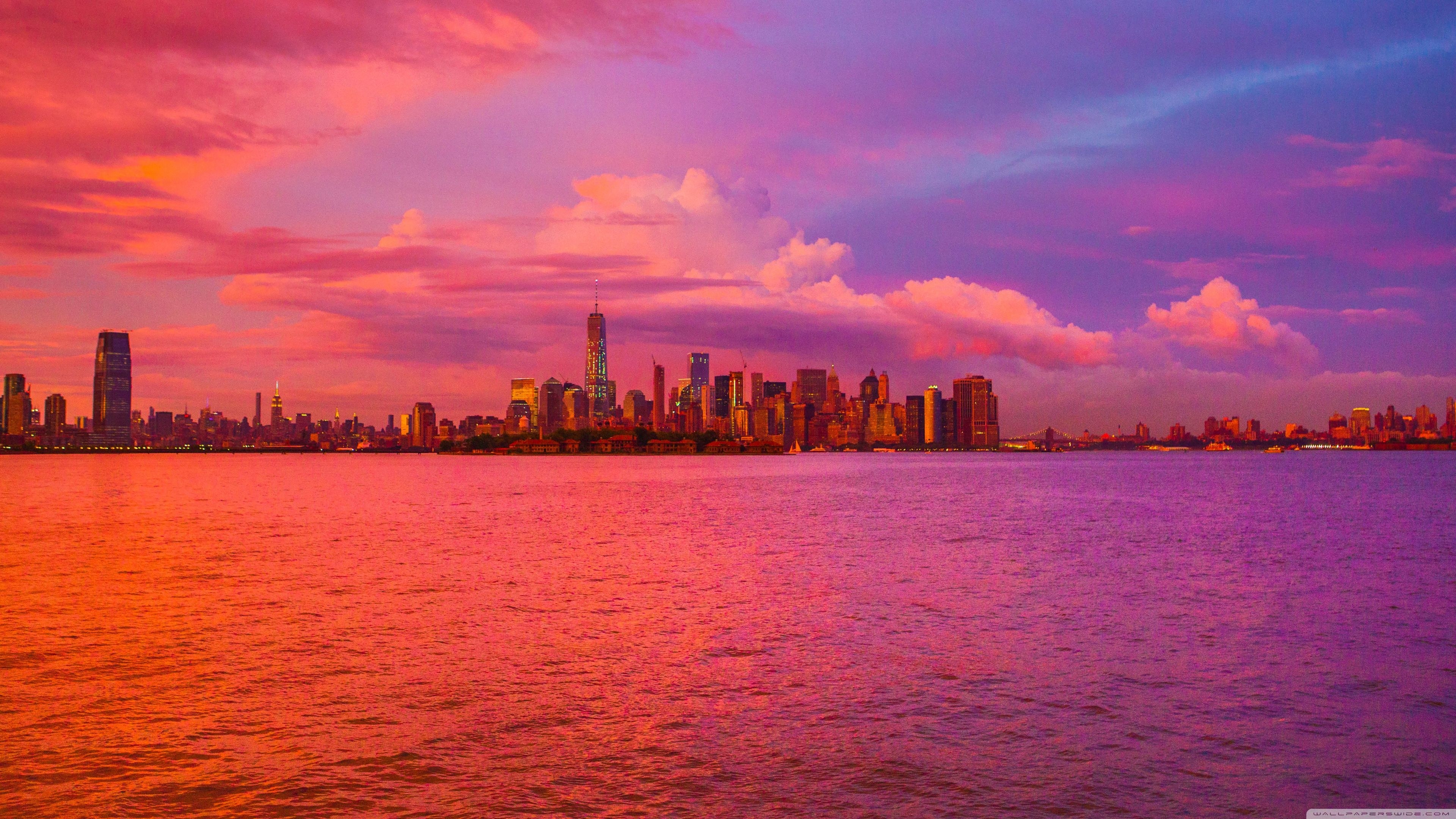 3840x2160 New York City Pink Sunset Ultra HD Desktop Background Wallpaper, Desktop