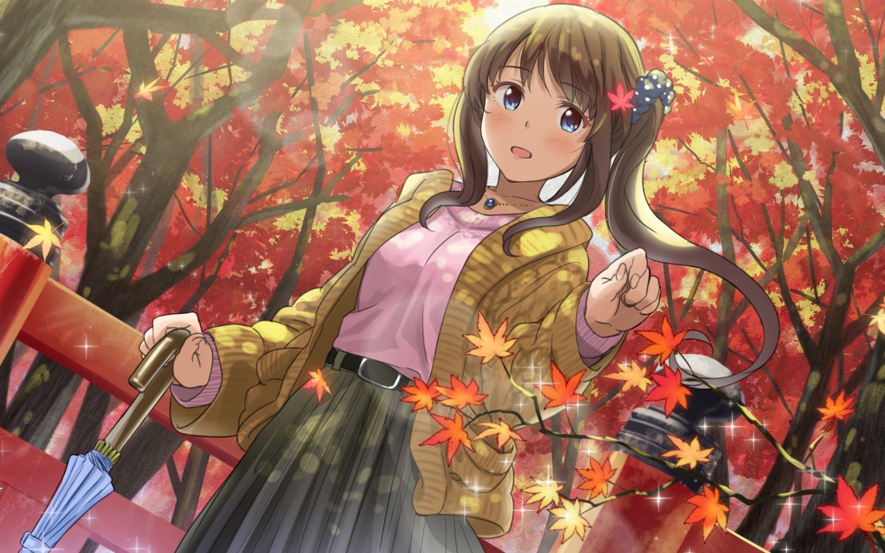 2880x1800 Download  Autumn, Anime Girl, Brown Hair, Umbrella, Trees Wallpaper for MacBook Pro 15 inch, Desktop