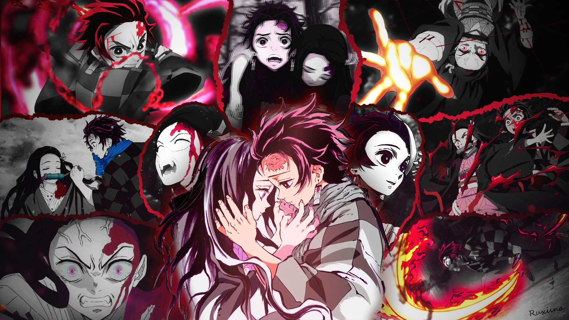 1920x1080 face, angry, open mouth, anime, Kimetsu no Yaiba, Kamado Nezuko, Kamado Tanjiro, anime boys, anime girls, collage, fangs, gaggedx1080 Wallpaper, Desktop