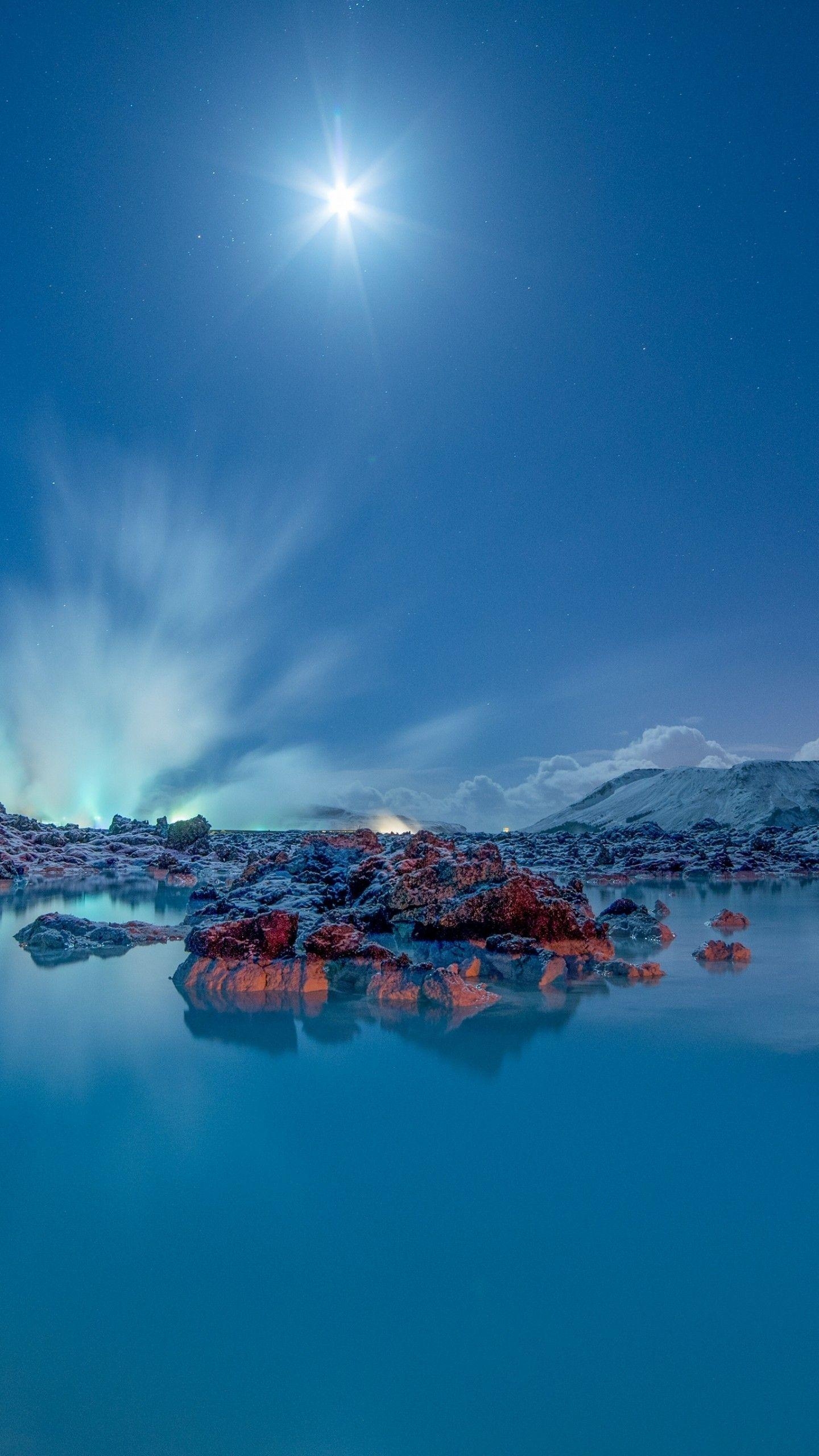 1440x2560 Wallpaper Blue Lagoon, Moonlight, Iceland, 4K, Nature / Editor's, Phone