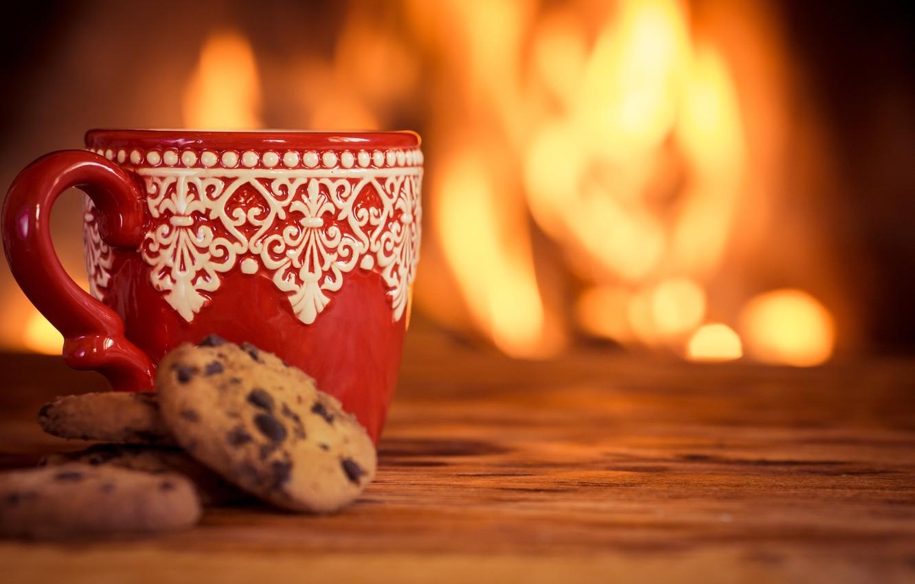 1340x850 Wallpaper winter, coffee, hot, cookies, Cup, fire, fireplace, cup, coffee, cute, cookies image for desktop, section еда, Desktop