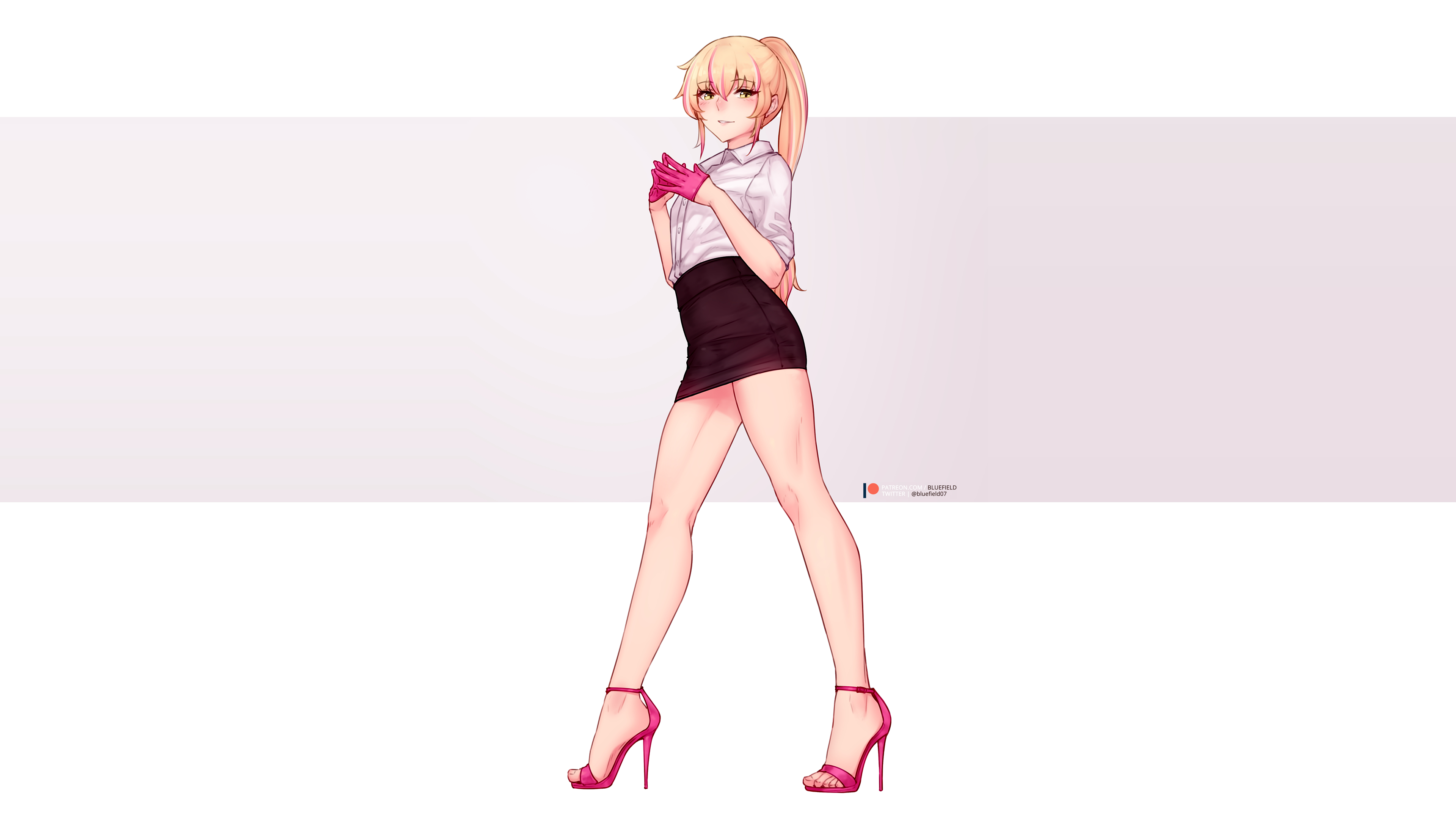 3840x2160 Wallpaper, bluefield, anime boys, original characters, traps, femboy, high heels, office uniform, gloves, black skirts, short skirt, thighs, blonde, white shirt, yellow eyes, blushing, Desktop