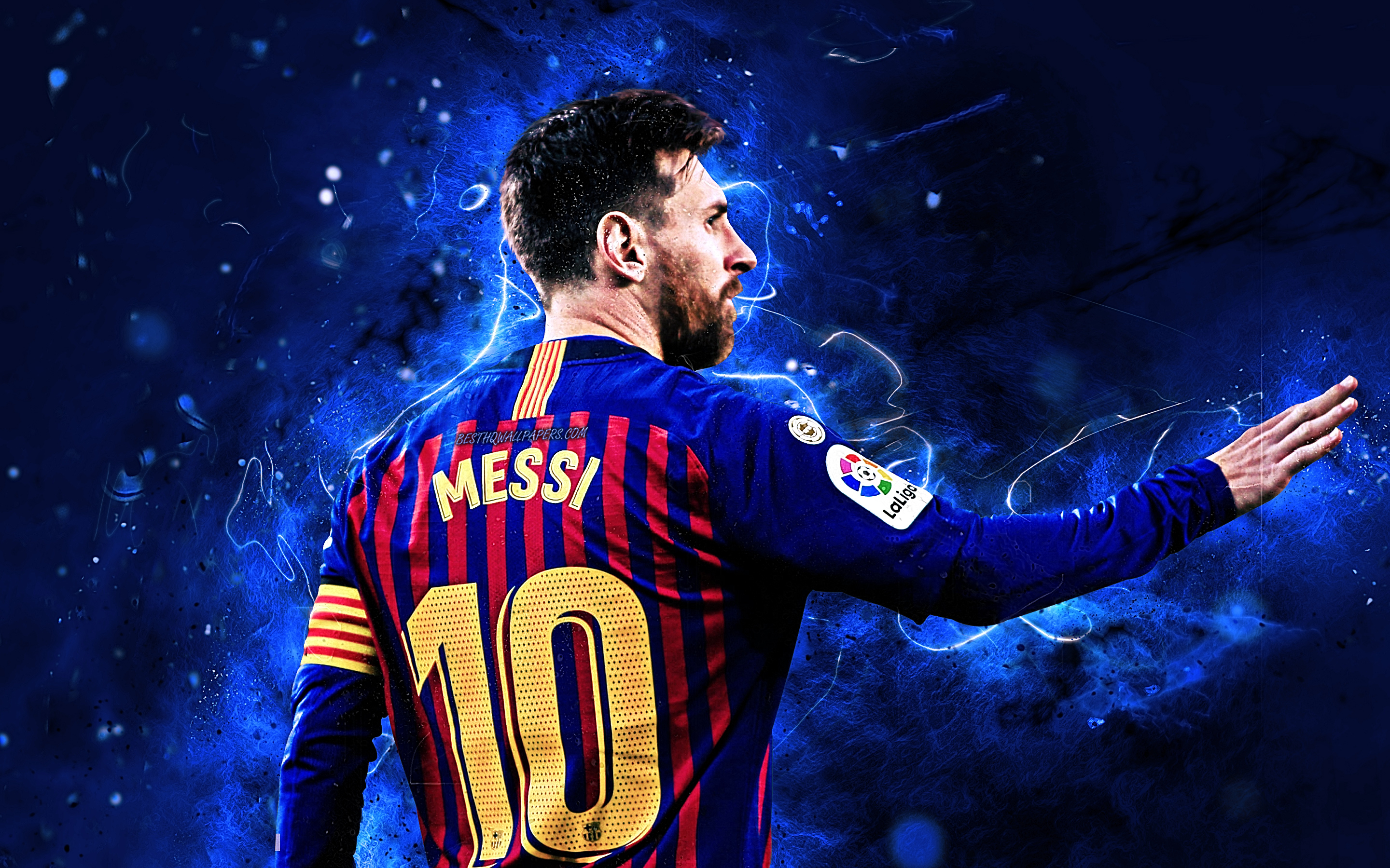 2880x1800 Download wallpaper Messi, back view, Barcelona FC, FCB, argentinian footballers, La Liga, Lionel Messi, Barca, Leo Messi, soccer, football stars, neon lights, LaLiga for desktop with resolution. High Quality HD picture, Desktop