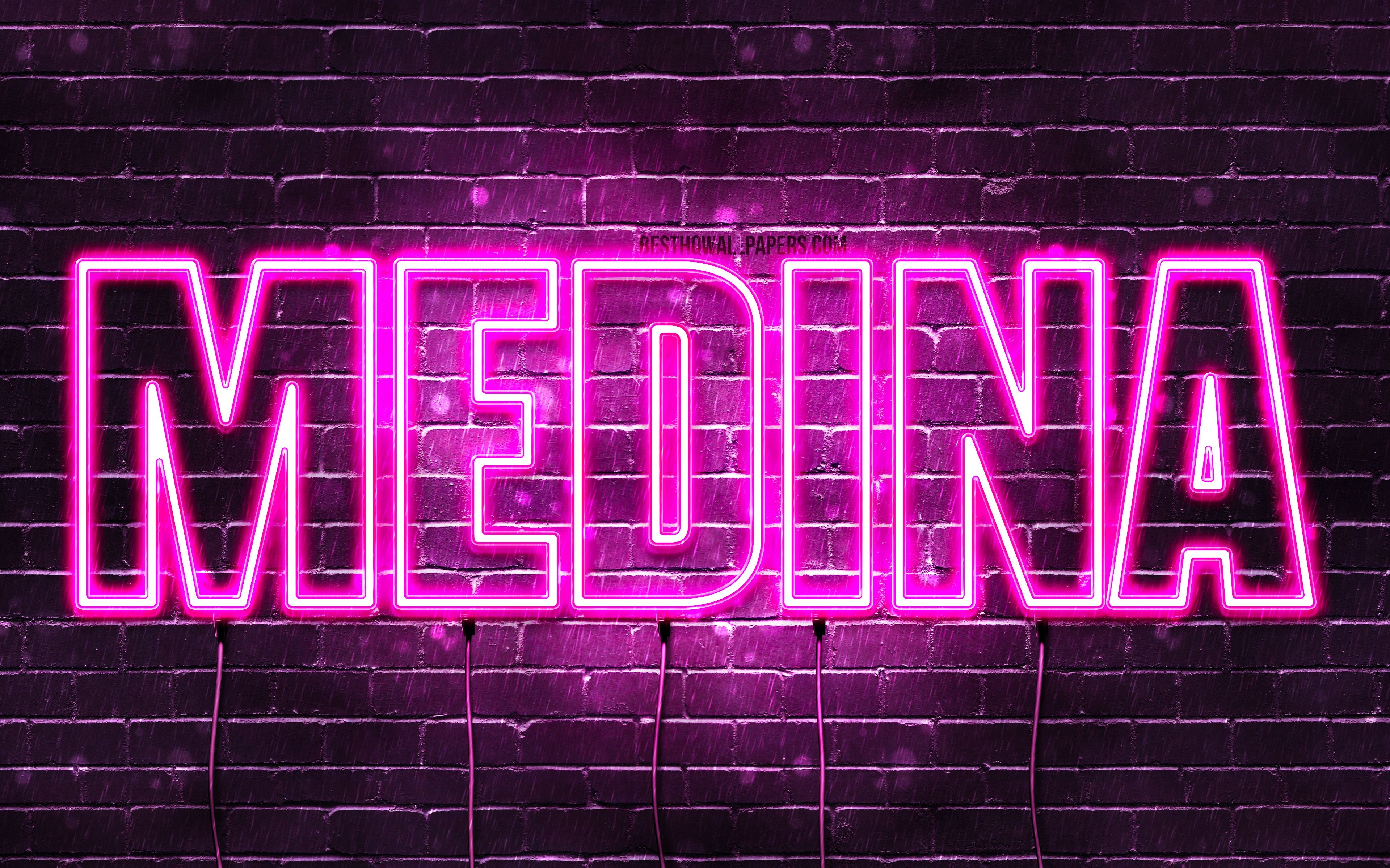 3840x2400 Download wallpaper Medina, 4k, wallpaper with names, female names, Medina name, purple neon lights, Happy Birthday Medina, popular kazakh female names, picture with Medina name for desktop with resolution. High Quality, Desktop